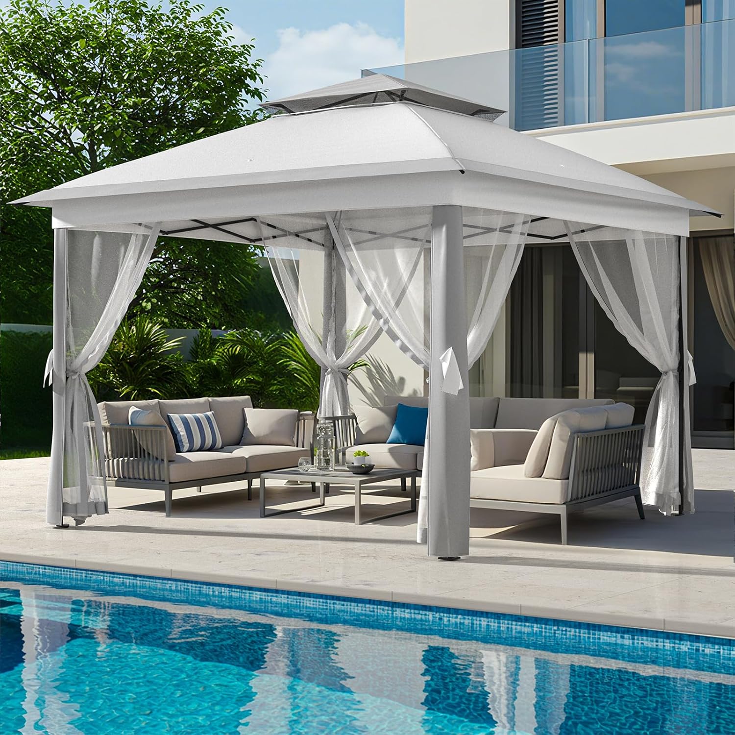 11x11 FT Outdoor Gazebo, Heavy Duty Pavilion With Sturdy Metal Frame & Double Roofs, Patio Shelter With Mosquito Netting, Ideal for Backyard, Garden, Lawn, Deck, Light Grey Light Gray/Dark Gray