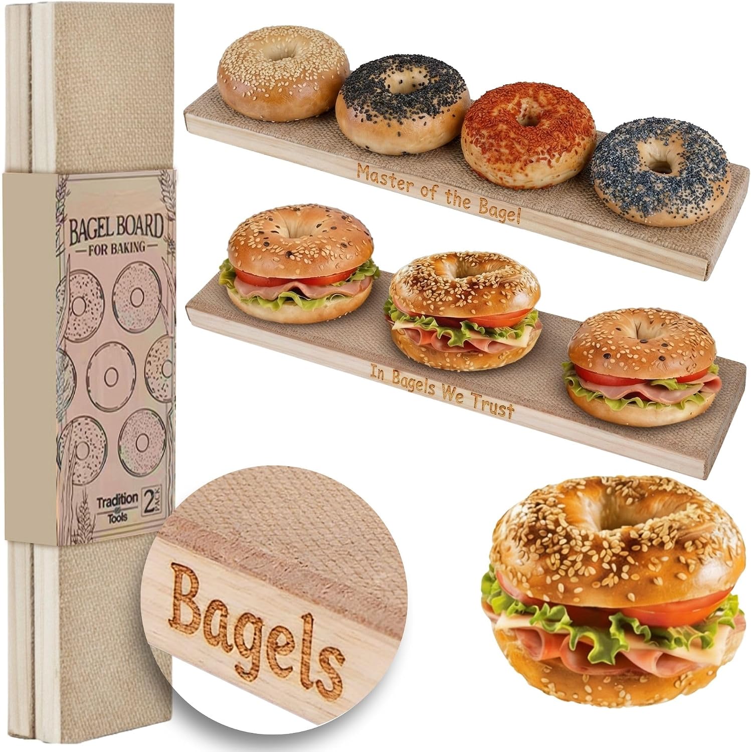 Bagel Board 2-Pack with Funny Bagel Chef Quotes | 15.7 x 3.5 x 0.8" Bagel Boards for Baking Bagels | Food Grade Burlap & Cedar| Perfect for New York Style Bagel Making