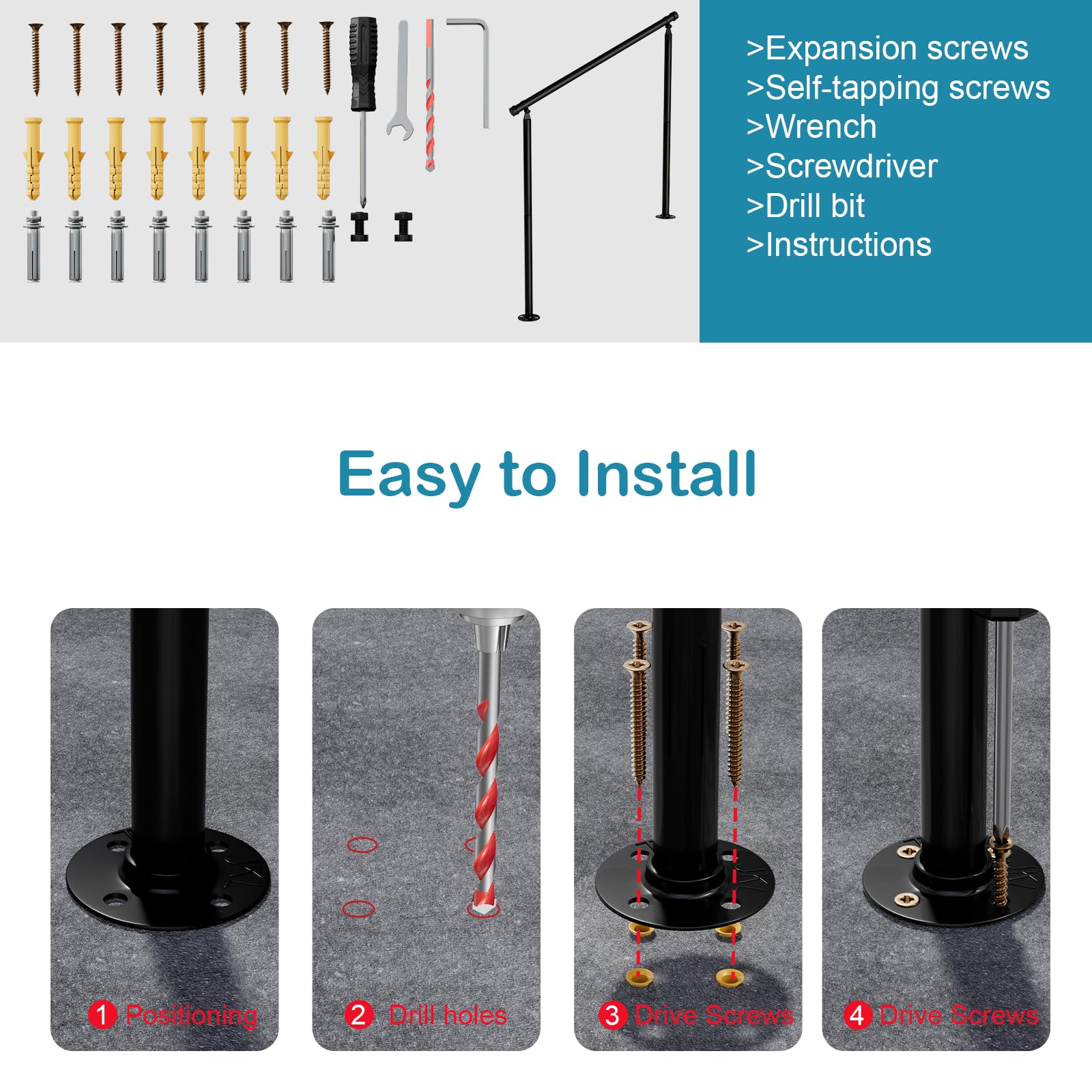 ETELI Hand Rails for Outdoor Steps Fit 2 to 3 Steps Metal Porch Railing Black Wrought Step Rails Deck Handrail with Installation Kit for Concrete Steps