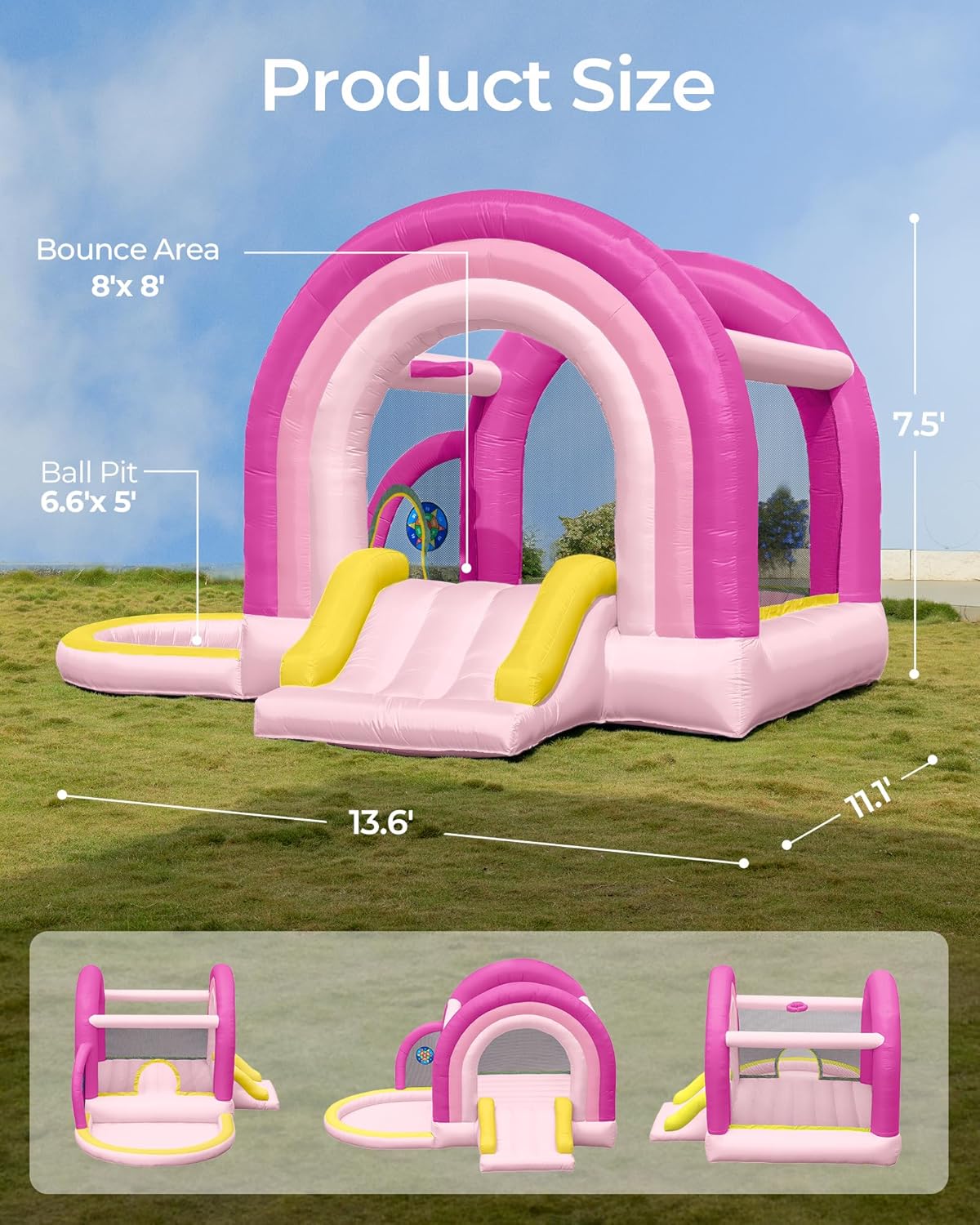Bounce House with Slide, Inflatable Bouncy House for Kids 3-12 w/Ball Pit, Outdoor & Indoor, Bounce Area 8'x8', Capacity 400 lb - Pink