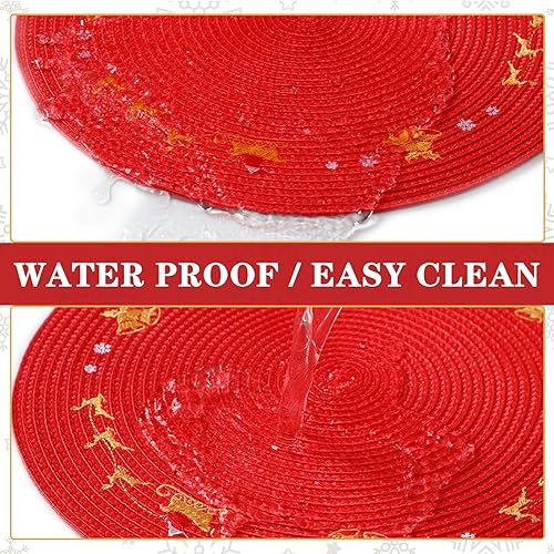 Miniatura 5 de Tioncy 6 manteles individuales de plástico redondos de Navidad con copos de nieve rojos de 13.4 pulgadas, mantel individual de reno de invierno con