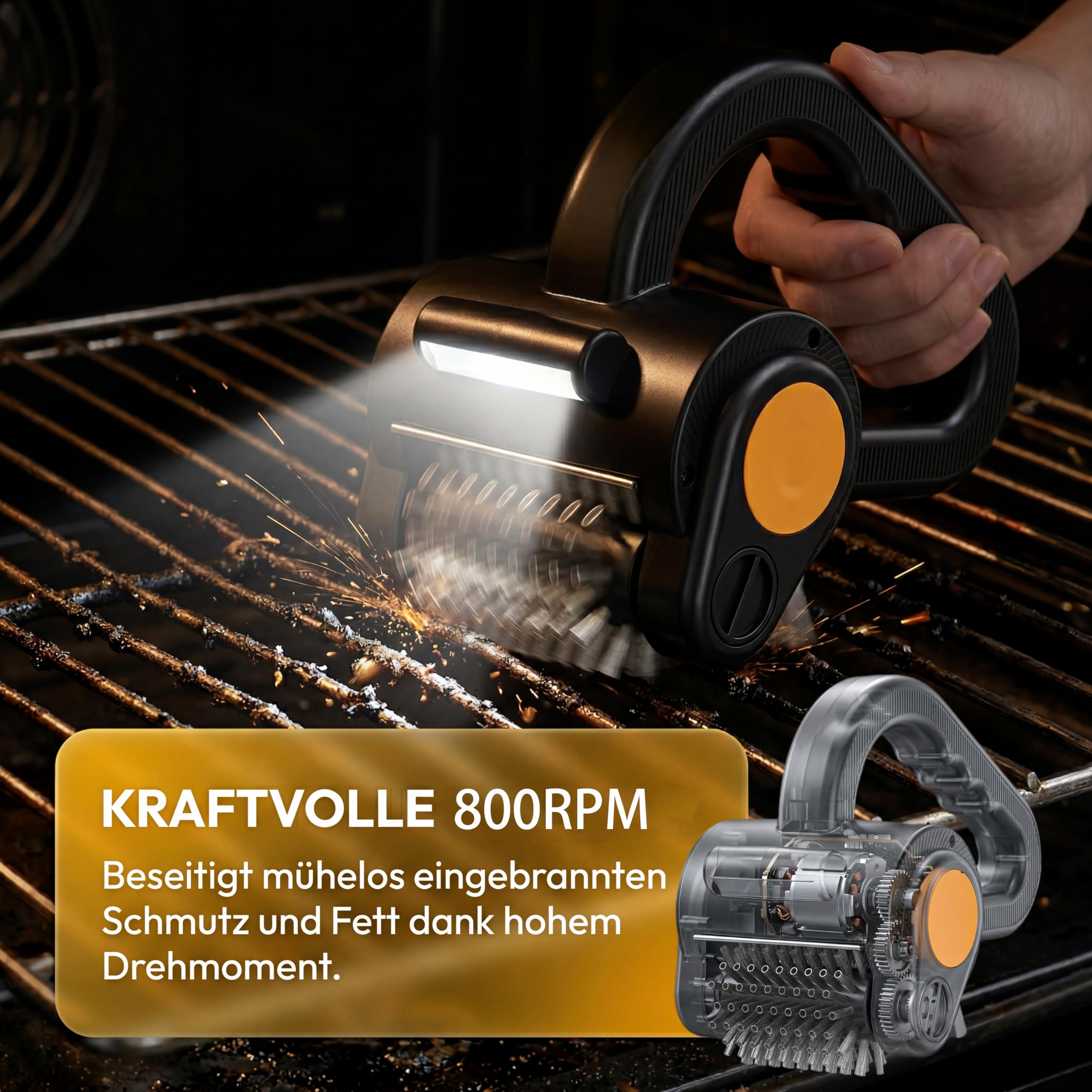 Cepillo de Parrilla eléctrico, Motor de Alta Potencia, Cabeza de Cepillo de Acero Inoxidable extraíble, Limpiador de Parrilla con luz led, operación fácil para Parrilla al Aire Libre y Cocina