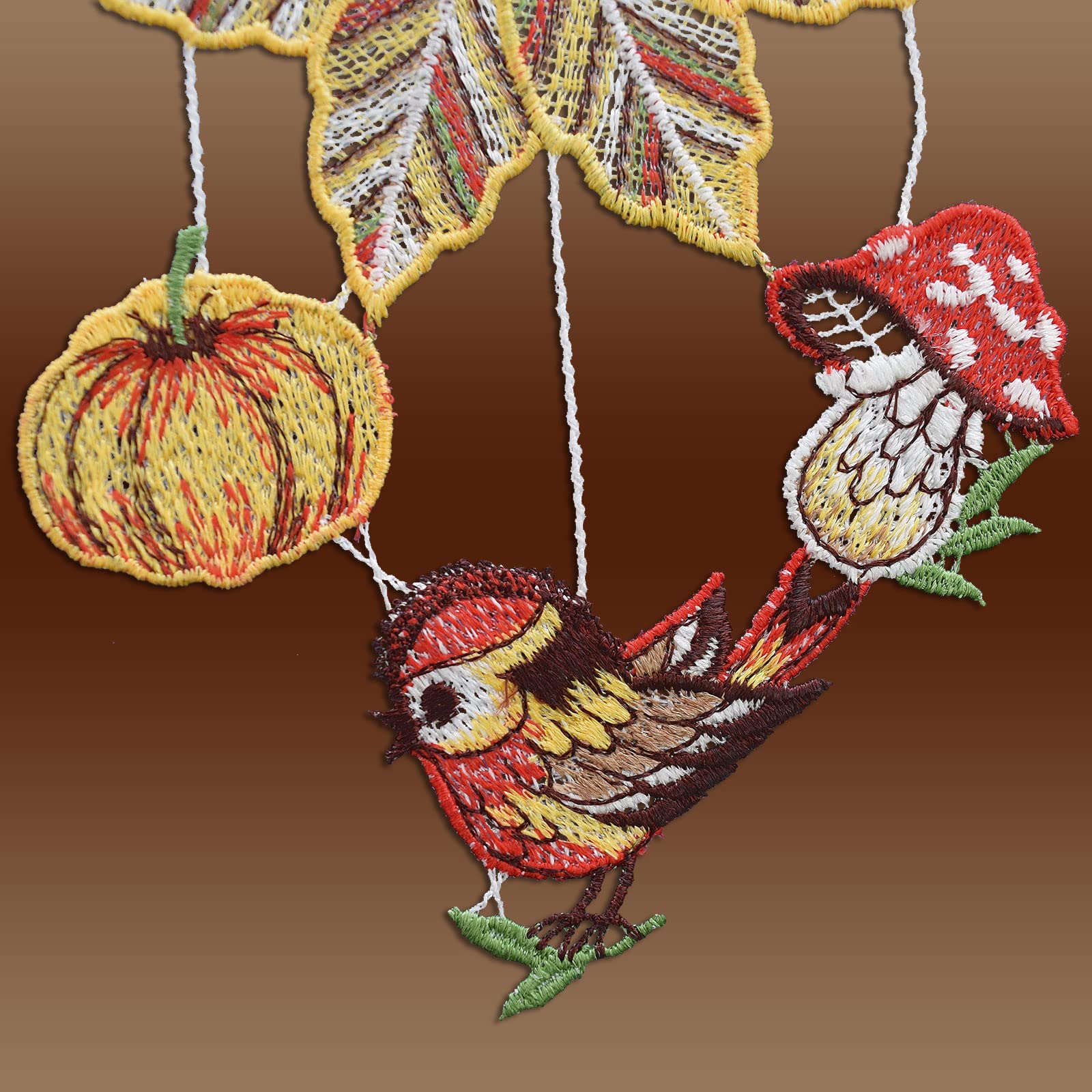 Feenhaus-Spitzengardine raschelndes Herbstlaub mit Vögelchen Vogtländischer Spitze Scheibengardine für den Herbst 21 x 96 cm