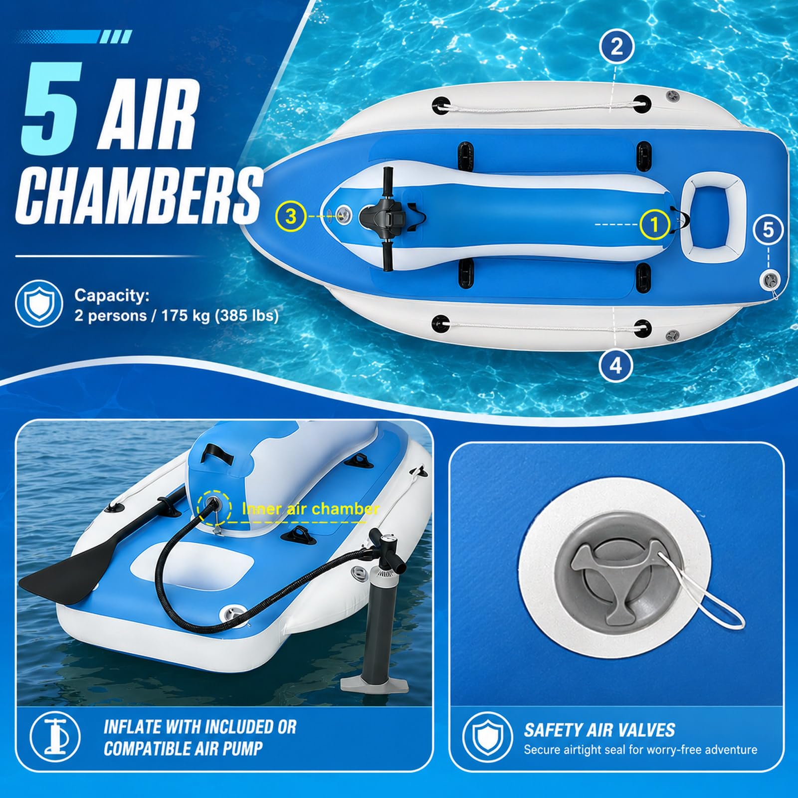 Barca Hinchable Portátil 3 en 1 para Familias | Modos remo, buceo y paseo, 5 cámaras de aire separadas, fácil transporte, para adultos, jóvenes y familias