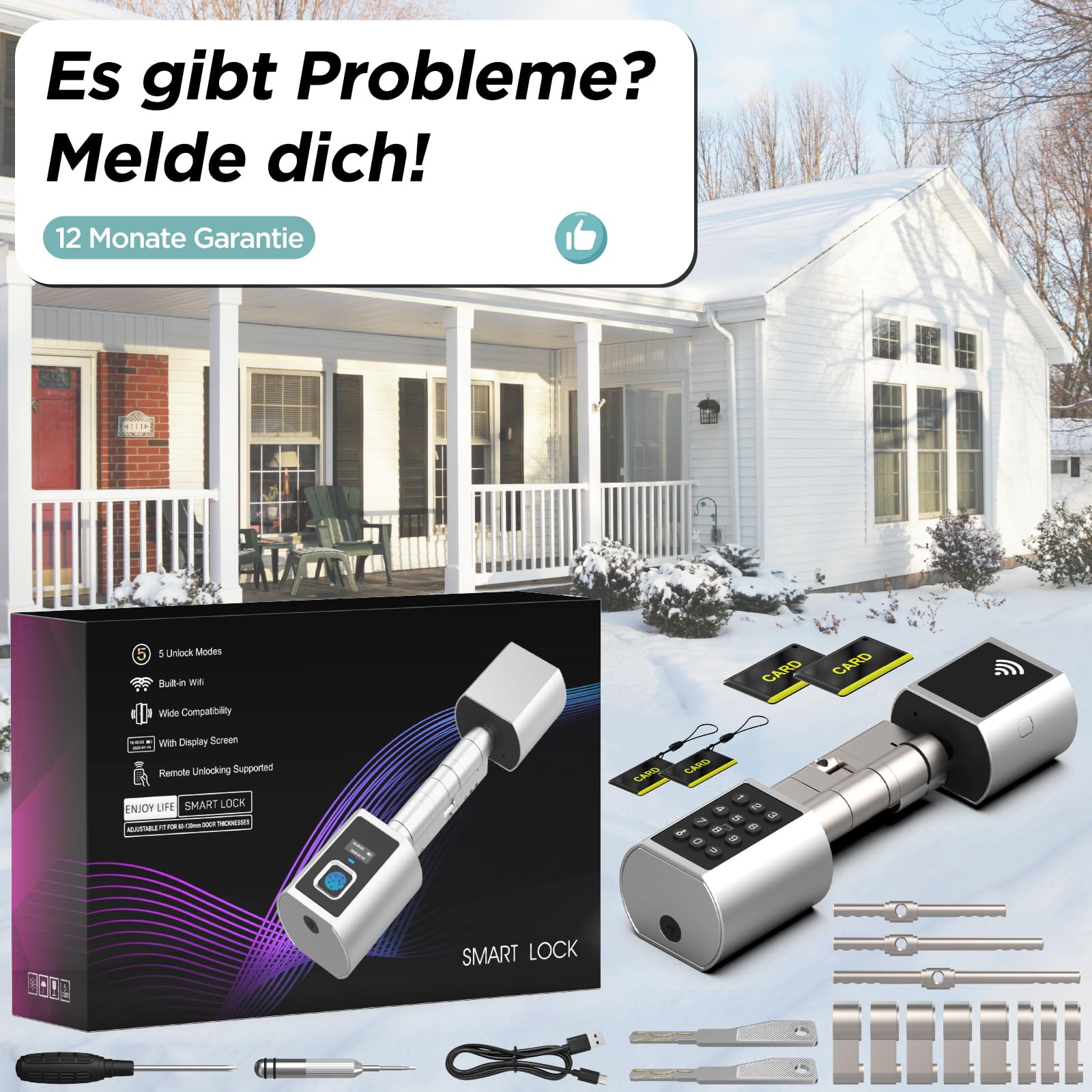 Eseesmart Smart Lock mit WLAN & Bluetooth – Elektronisches Türschloss Fingerabdruck mit Display, Code, RFID & Schlüssel – Verstellbarer Zylinder für Asymmetrische & Standard Türen (60-130mm)