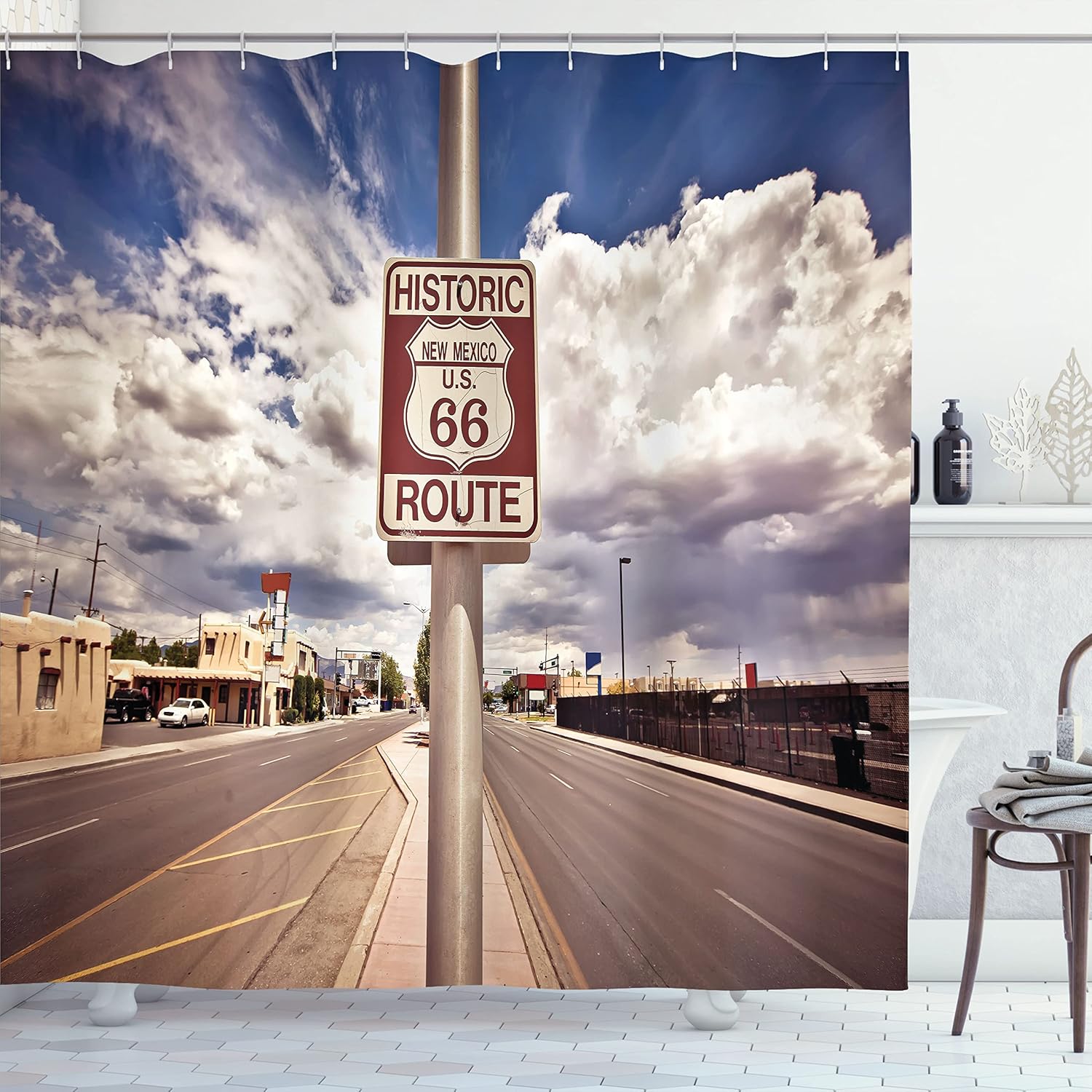 Ambesonne Americana Shower Curtain, Historic New Mexico U.S 66 Route Sign Roadway Driving Roadside Scenery, Cloth Fabric Bathroom Decor Set with Hooks, 70" Long, Multicolor Dust Blue