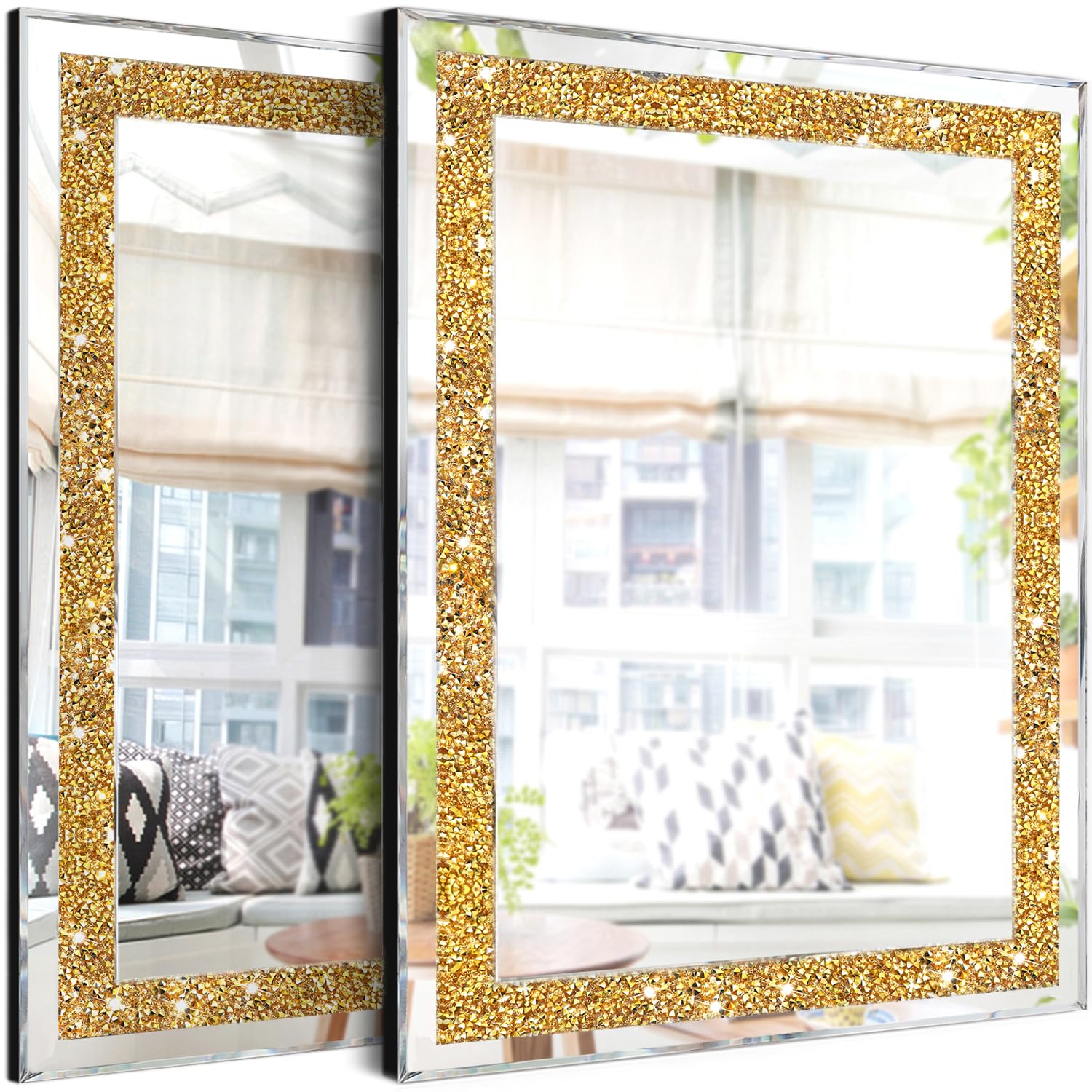 ZOLAPI Lot de 2 miroirs muraux en cristal avec strass et diamants pour couloir, accents dorés, pour salle de bain, chambre à coucher, 27,9 x 38,1 cm