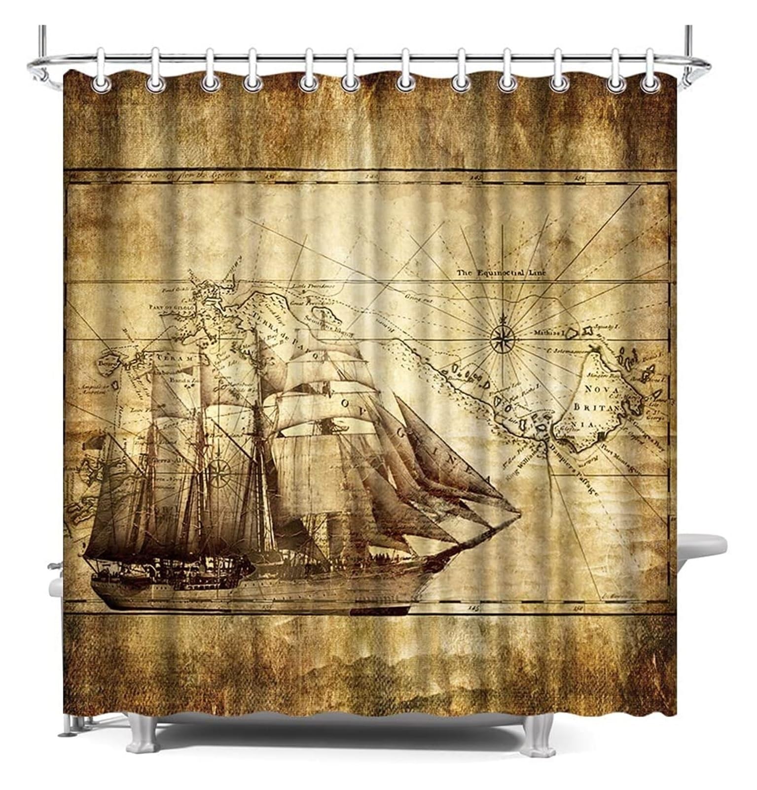 Rideau douche pirate hublot marin avec tapis de bain 50x80 cm en polyester pour salle de bain