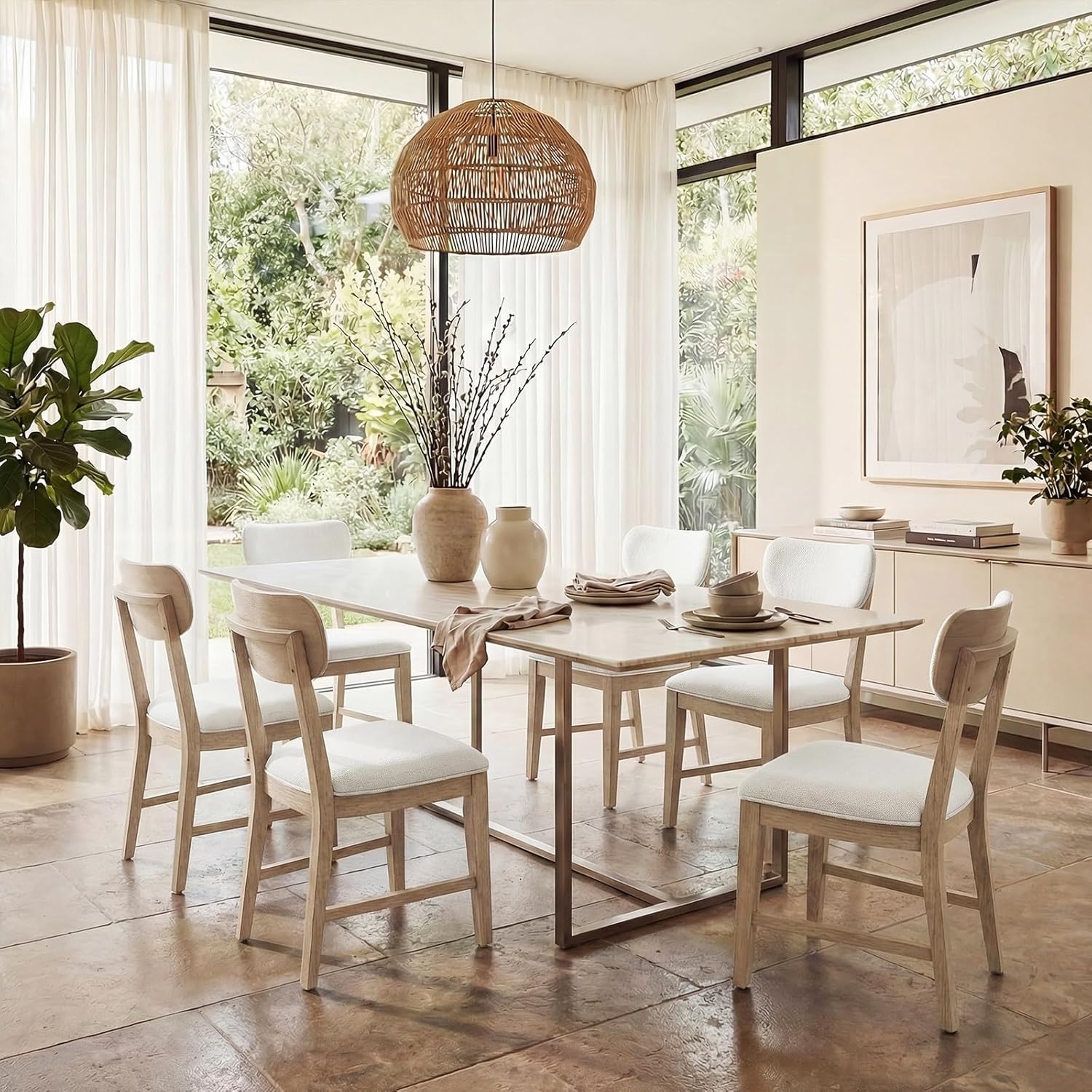 COLAMY Solid Wood Dining Chairs Set of 6, Mid Century Modern Upholstered Kitchen Chairs with 3.3" Thick Cushion & Anti-Slip Pads, Farmhouse Rubber Wood Dining Room Chairs, Oak Nature