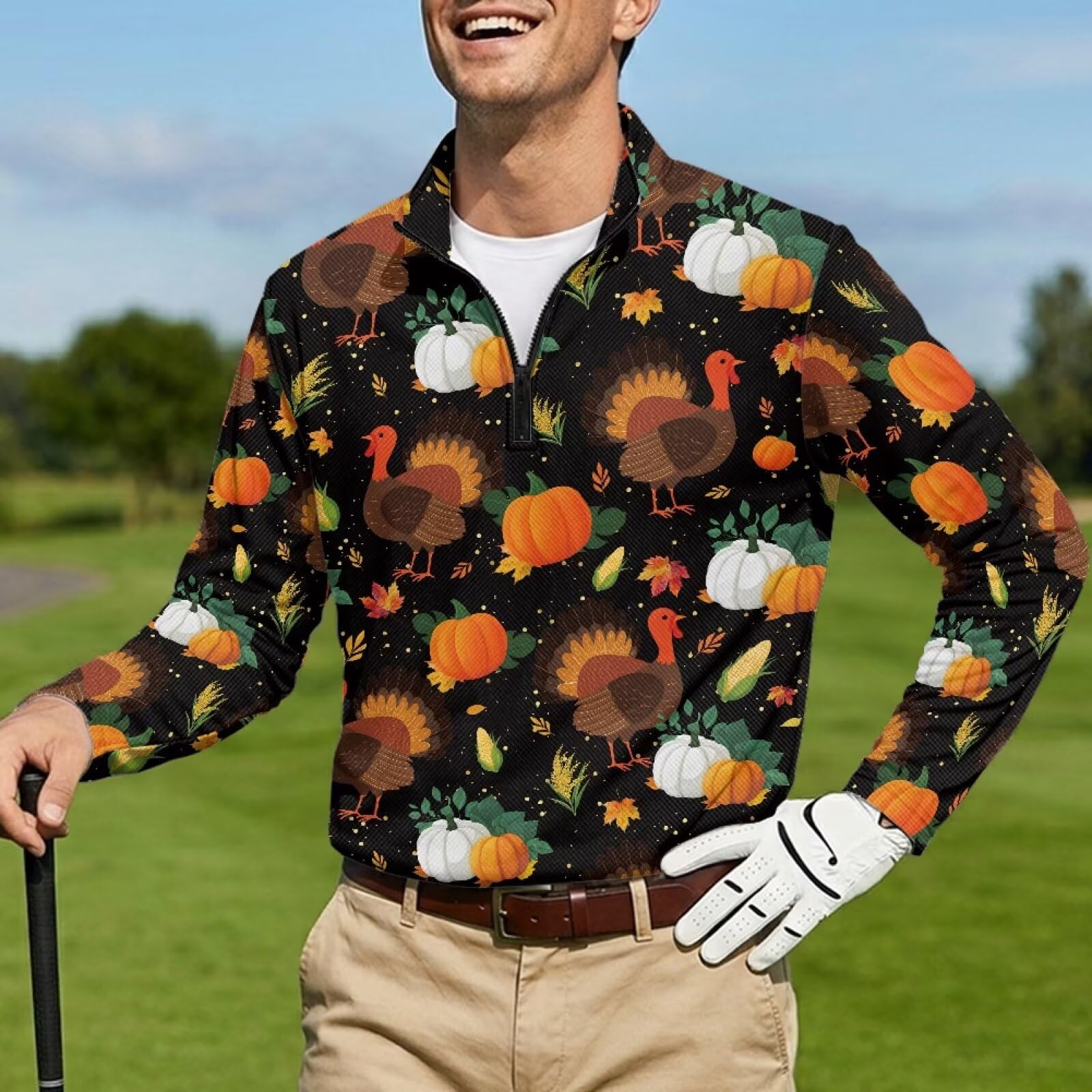 Polo da uomo a maniche lunghe da golf, con cerniera a 1/4