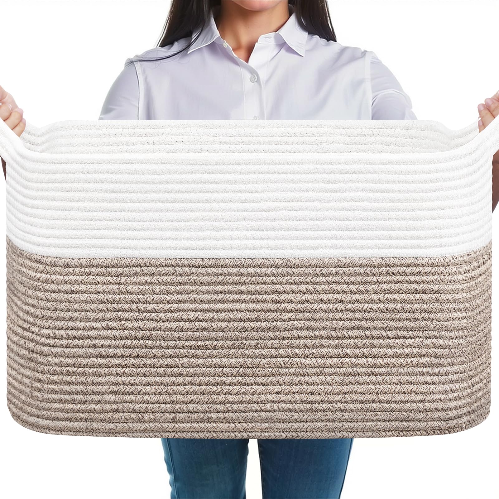 JOJOSEE Faltbarer Wäschekorb, Korb Aufbewahrung, 63L Große Wäschesammler, Laundry Baskets aus Baumwolle, Geflochten Aufbewahrungskorb mit Henkel für Decken, Kleidung, Spielzeug, Weiß & Braun