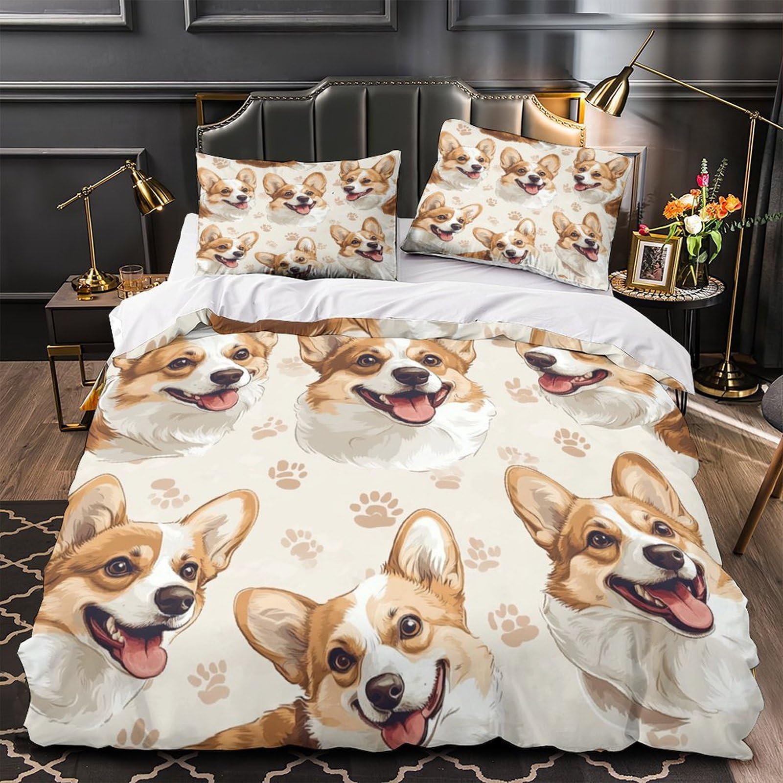 Parure de lit Corgi 140x200cm avec housse de couette microfibre et taie d'oreiller pour ado