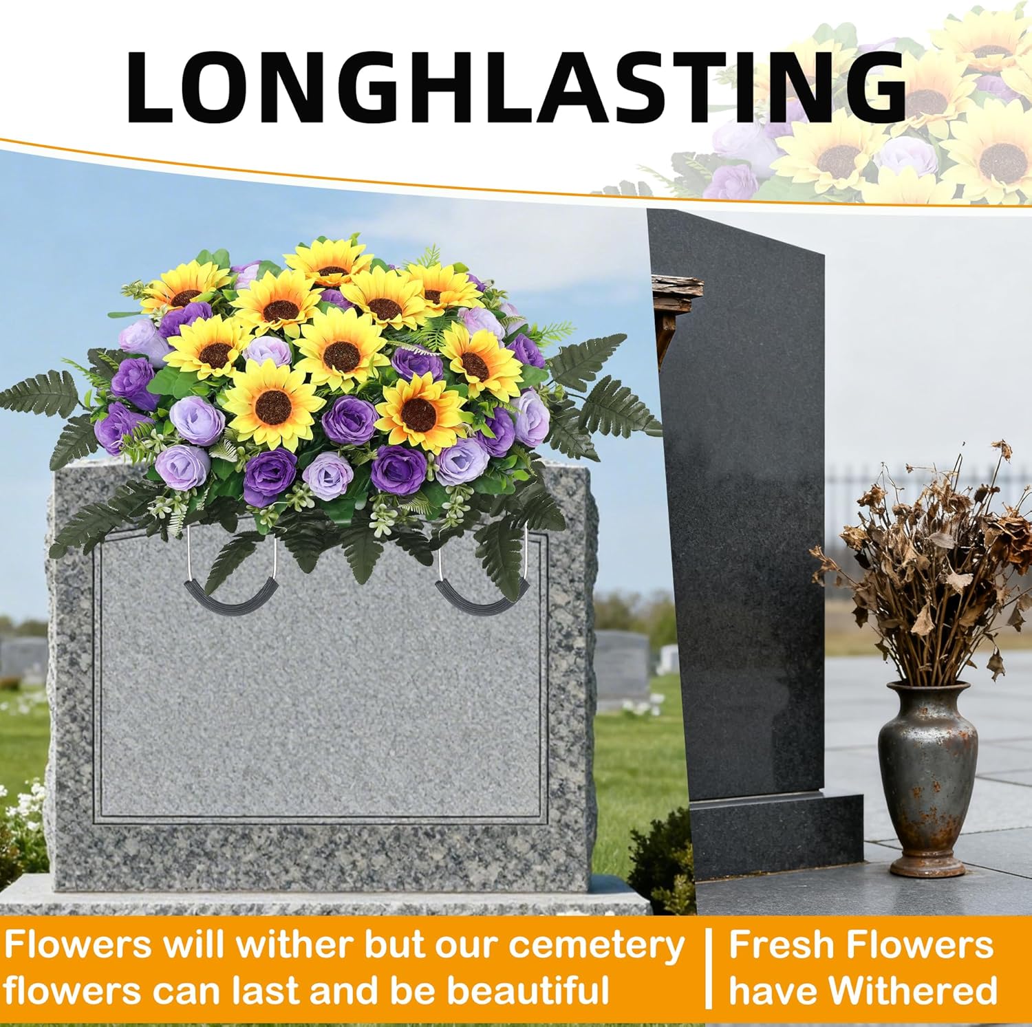 Lodou Artificial Cemetery Flowers Saddle-Shaped Tombstone Decorations,Large Headstone Flower Saddle,Rose Sunflower Memorial Flowers (Purple)