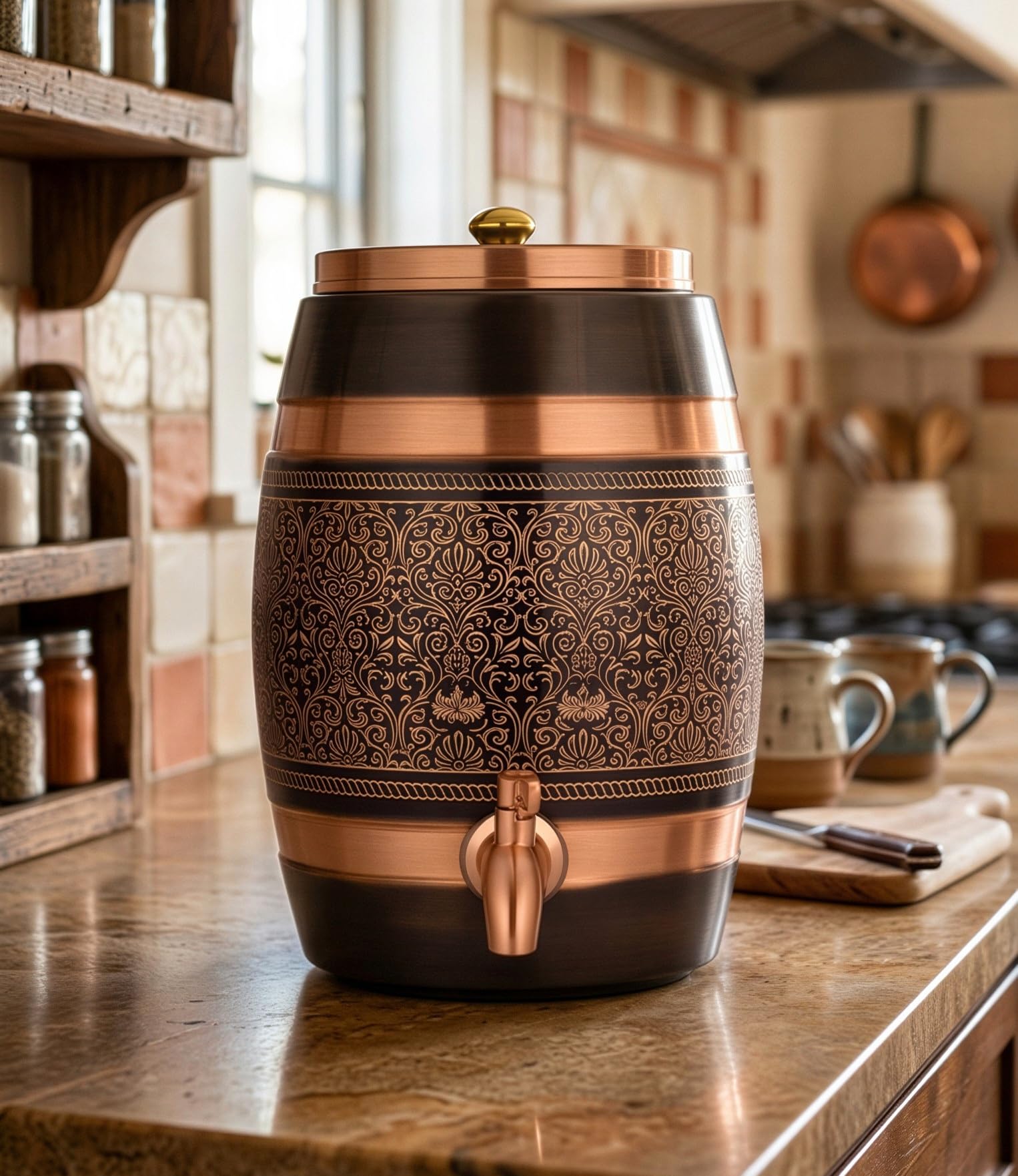 Copper Water Dispenser with Embossed & Black Printed Design – 5 Liter Water Carafes with Ayurvedic Drinkware for Home, Office, Gifting & Daily Hydration-image-11