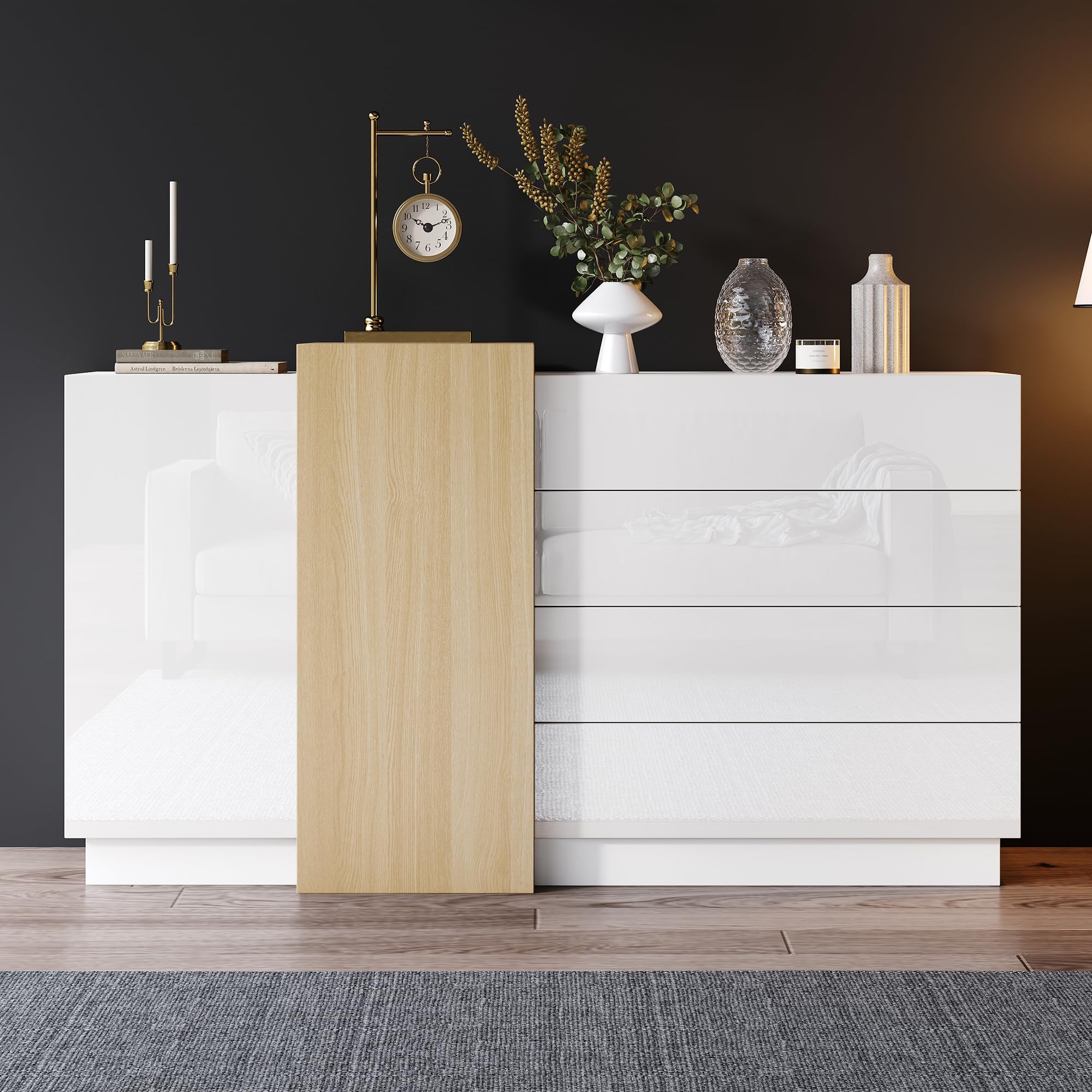 Jaxenor High Gloss Sideboard with 4 Drawers and 2 Doors, Storage Cabinet with Integrated Spring-Loaded Rails, Storage Sideboard for Living Room, Entryway, Hallway, White+Natural Wood(140x35x76.5 cm) โ image 1