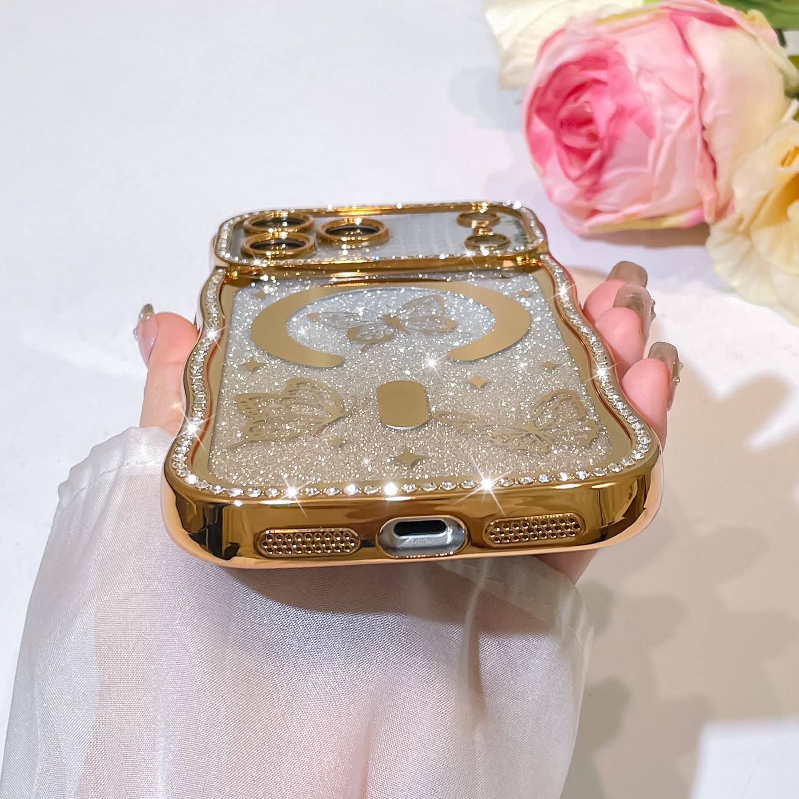 Bonoma Funda magnética para iPhone 17 Pro, diseño de mariposa dorada, borde