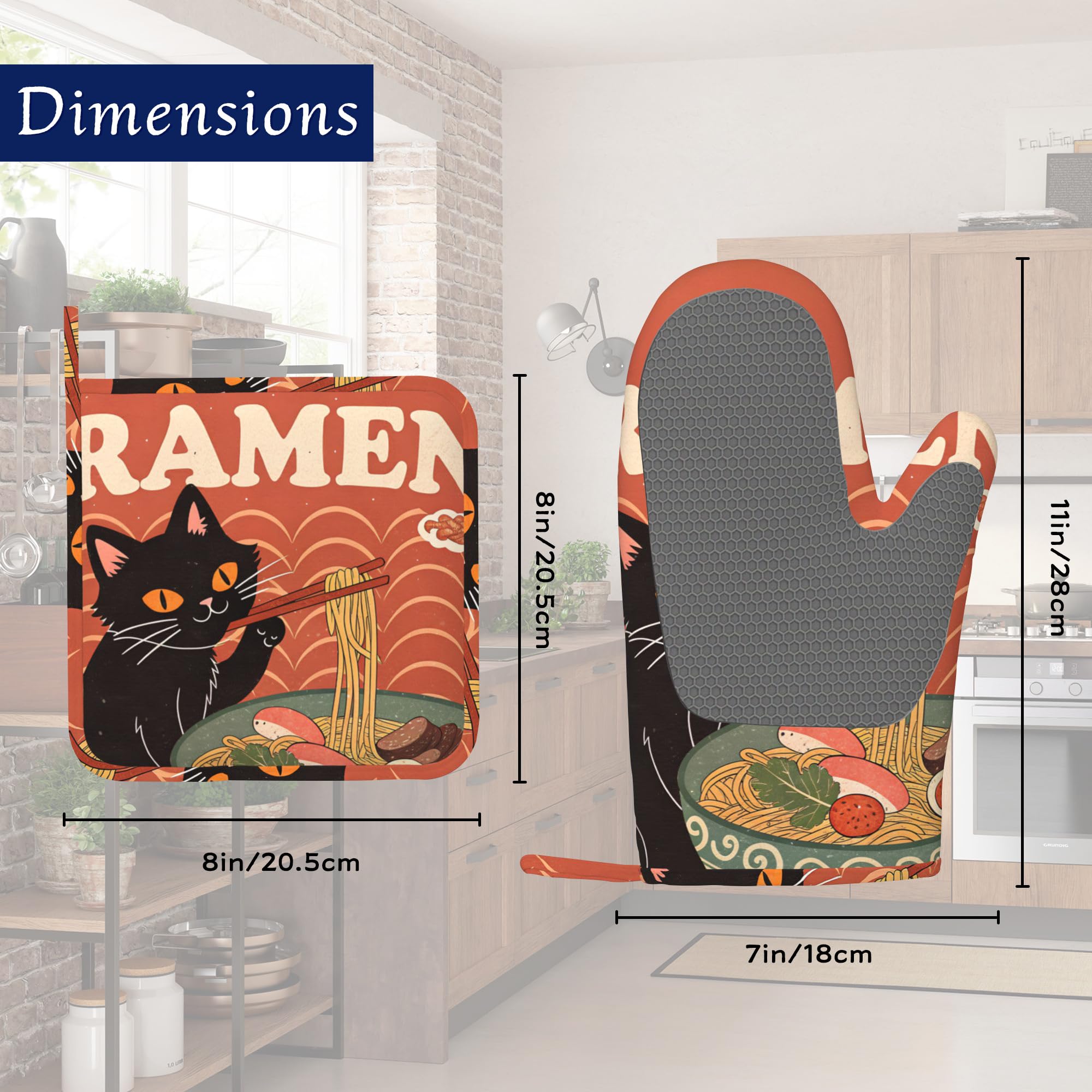 Juego de 4 manoplas de horno y soportes para ollas, diseño de gato negro, juego de 4 guantes largos antideslizantes resistentes al calor, para cocinar, hornear, regalos para mujeres y hombres