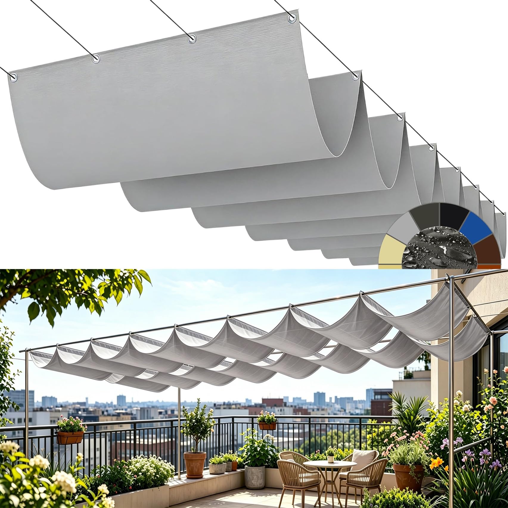 Voile d'ombrage vague gris clair pour aménager le jardin et la terrasse