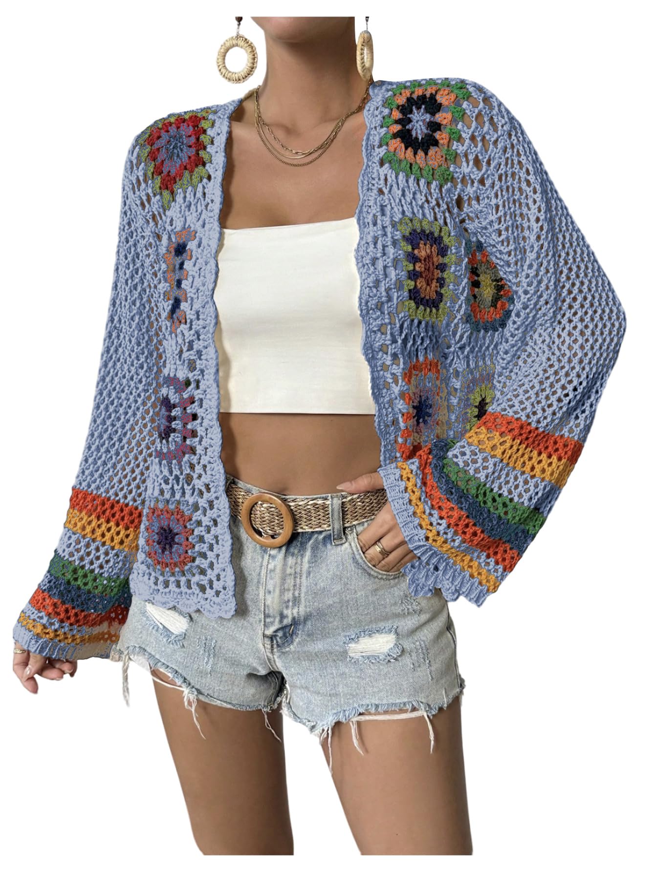 SHENHE Womens Floral Crochet Cardigan Hollow Out Open Front Long Sleeve Cardigan Sweater