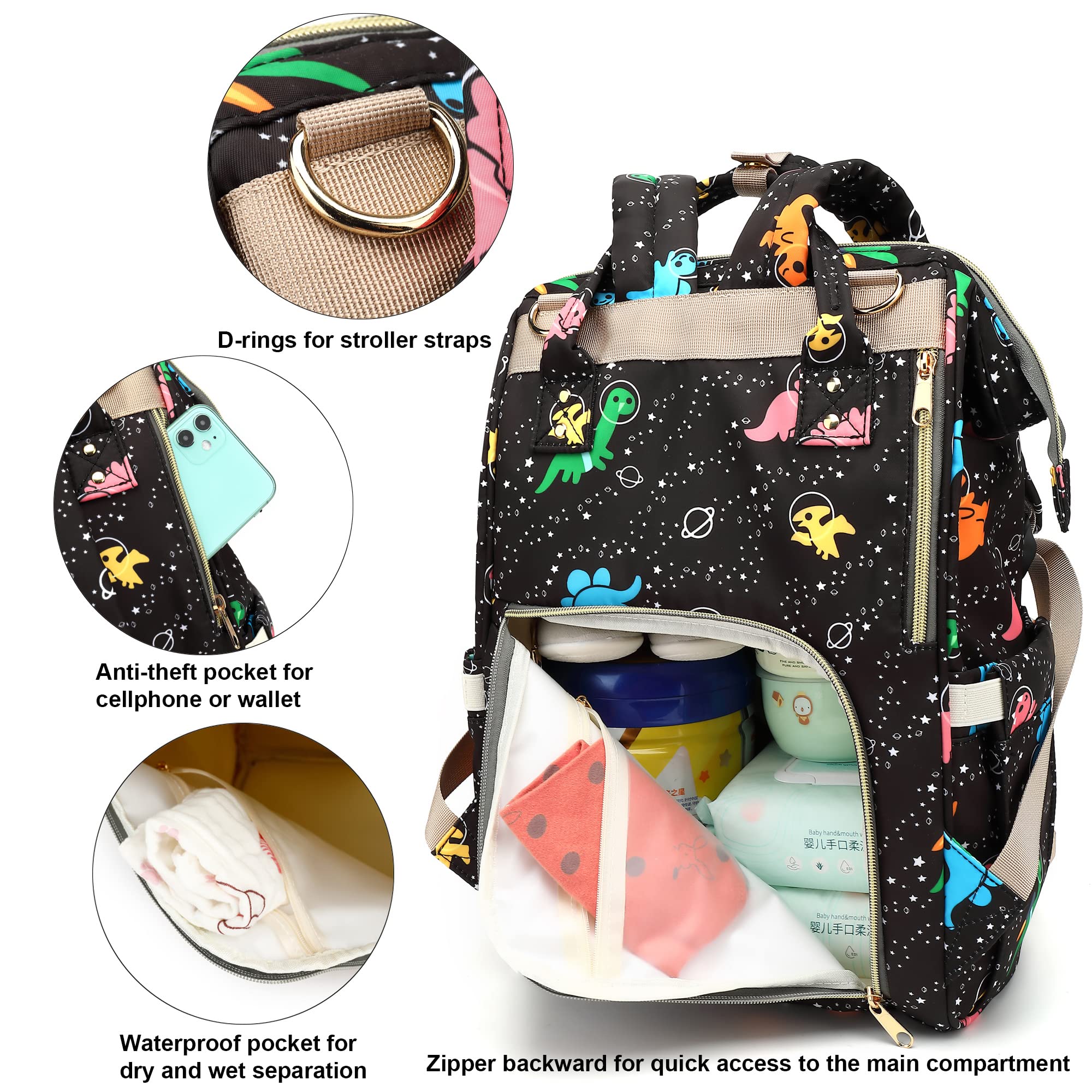 Xunteny Baby Changing Bag Backpack for Moms Girls Boys Women Waterproof Large Maternity Nappy Diaper Bags (Dinosaur) - Image 3
