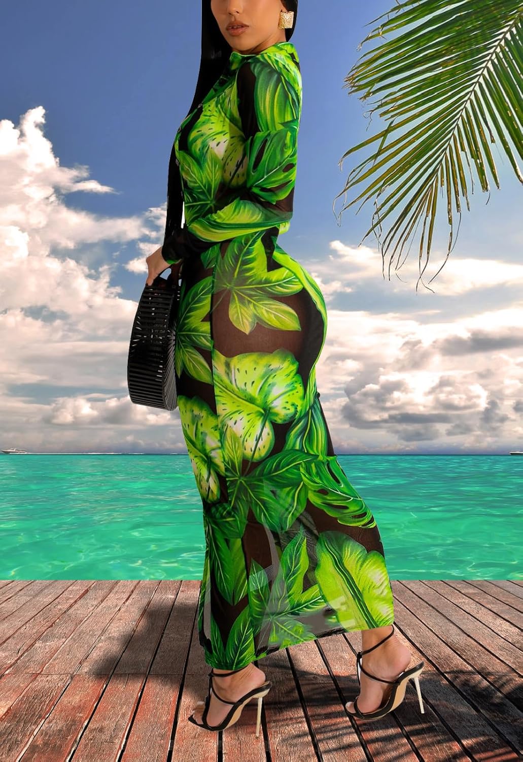 Women's Sexy Summer Sheer Mesh Dresses Button Down Long Sleeve See Through Swimwear Maxi Dress - Image 2