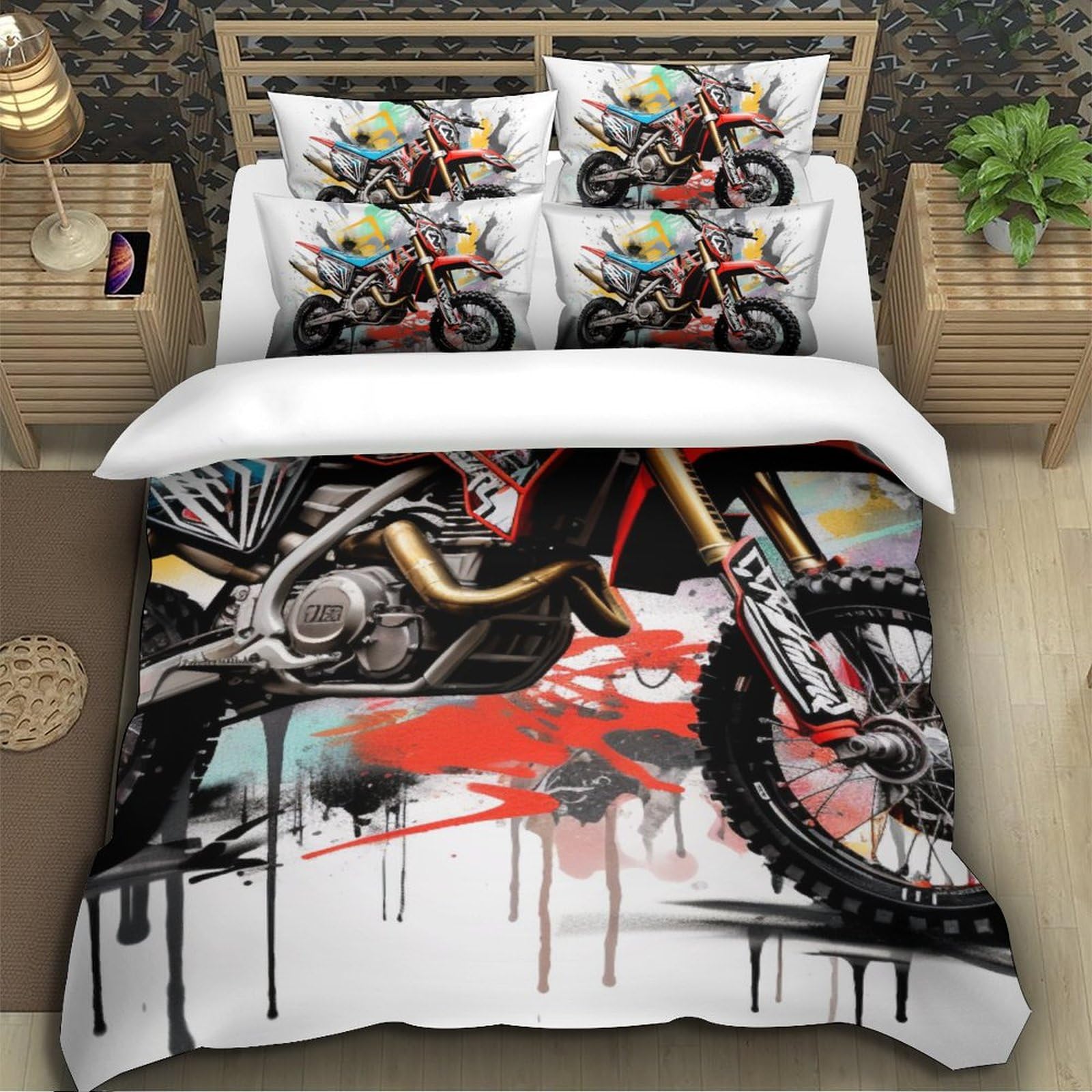Zestaw pościeli 3D dla dzieci Dorośli 3 sztuki, poszwa na poduszkę z mikrofibry i zamek błyskawiczny Motocross Wyścigi Rower Pojedynczy (140 x 200 cm)