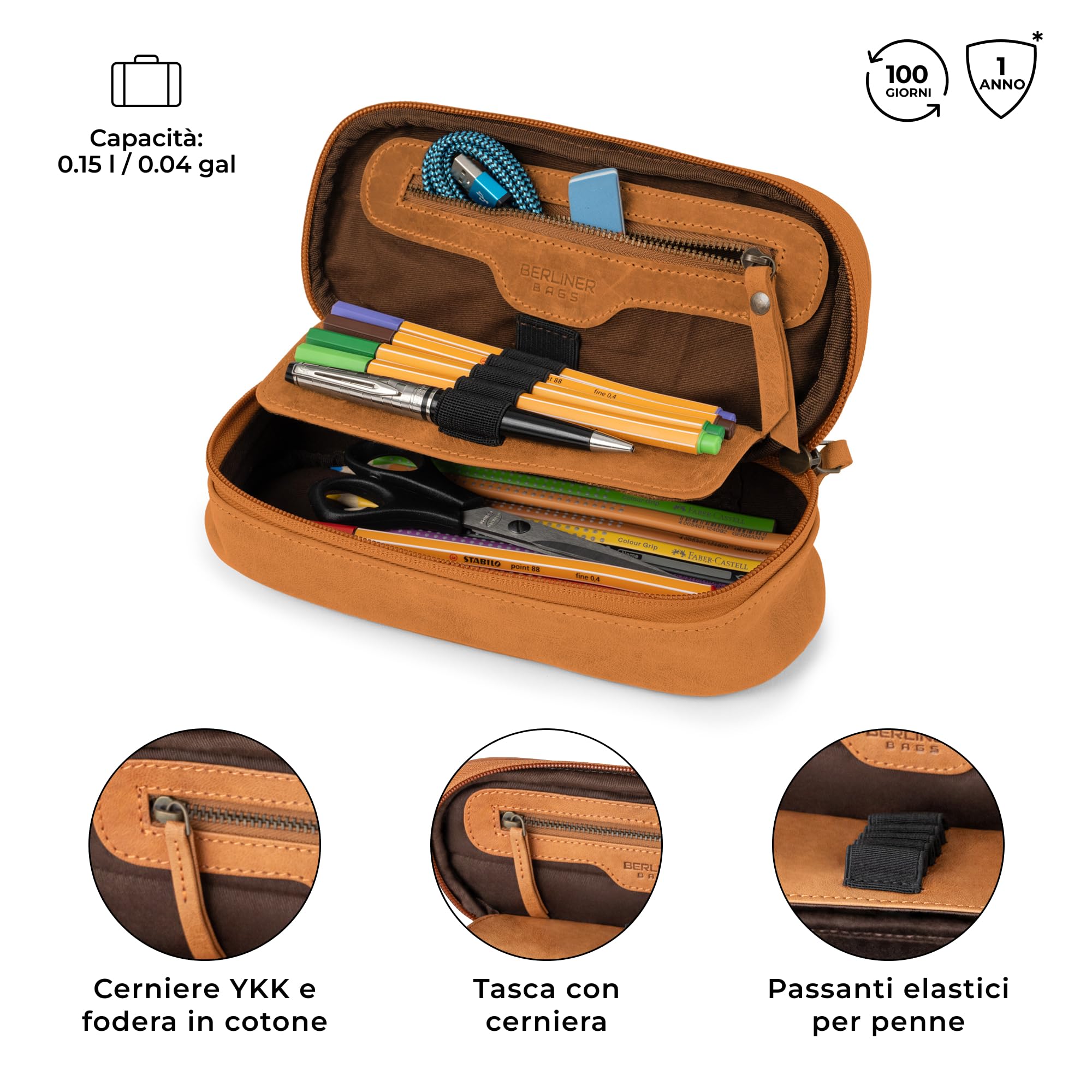 Berliner Bags Astuccio Felix Piccolo in Vera Pelle, Portapenne Ovale con Zip per Matite e Accessori da Scrivania, Unisex – Marrone