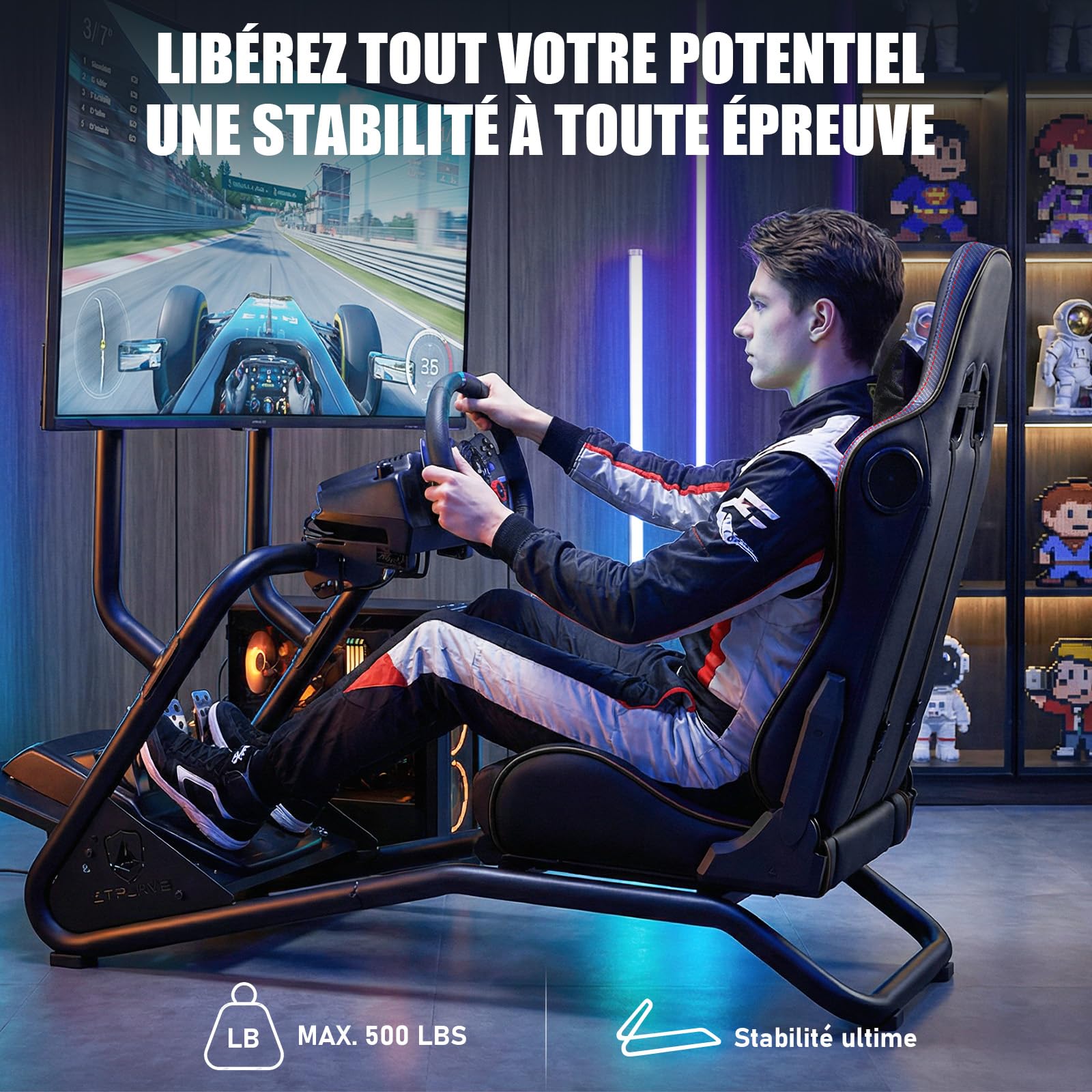 GTPLAYER Simulateur de Conduite, Siège de Simulation avec haut-parleurs stéréo 3D, Support pour écran, Support de volant réglable, Support pour levier de vitesse et pédales, Noir