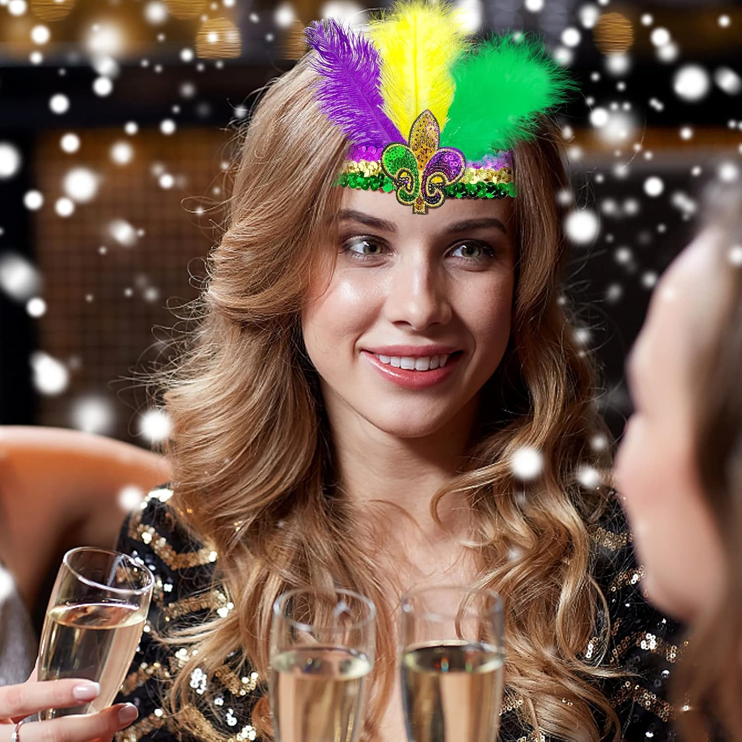 QLINLEAF Mardi Gras Fluer Di Lis Headband Feather Sequin Fascinators and Sunglasses Purple Yellow Green Masquerade Party Feather Headwear Cocktail Wedding Supplies Halloween Party Favor - Image 3