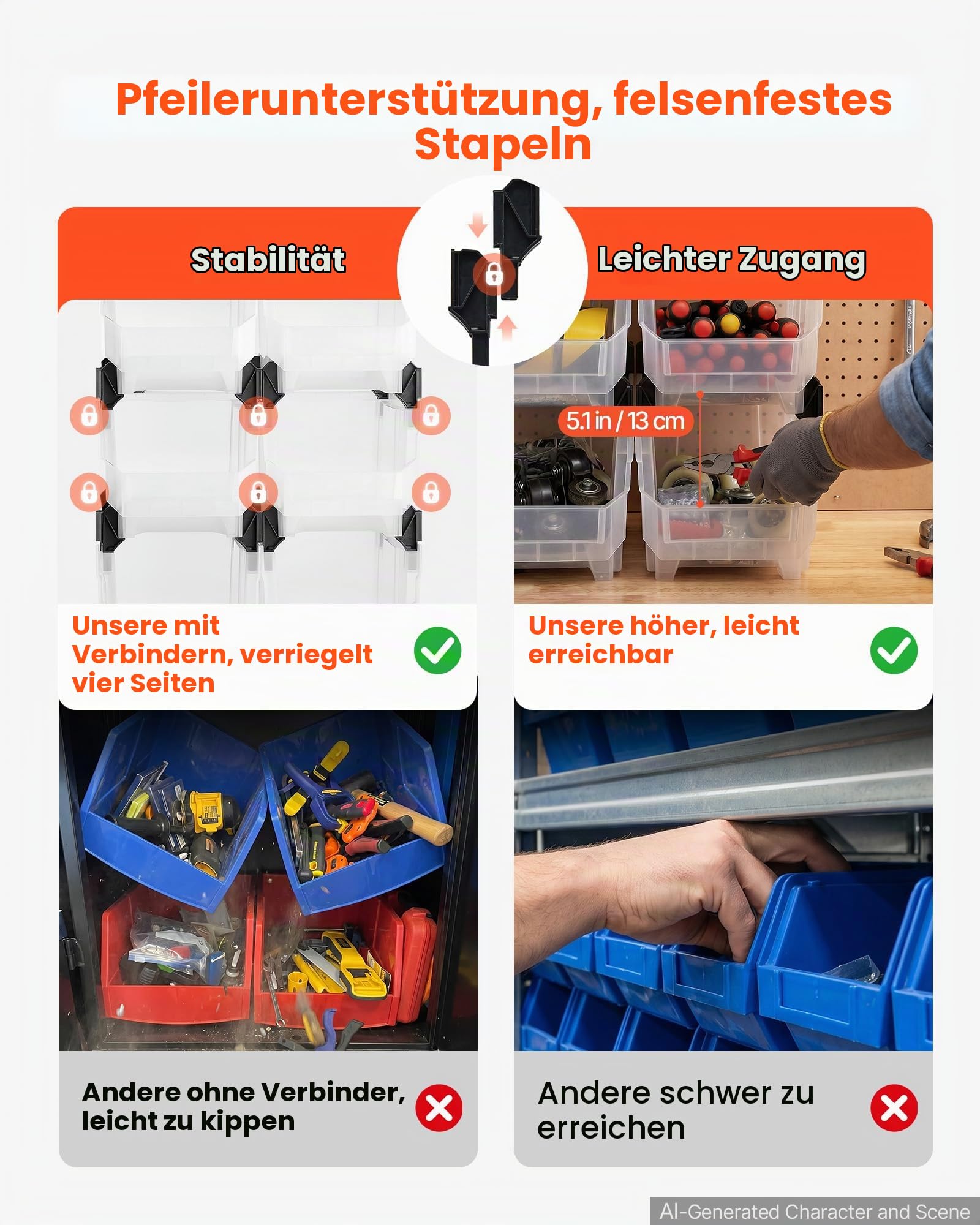 VEVOR Stapelboxen, 377 x 215 x 180 mm (6er-Pack), Sichtlagerboxen zum Organisieren & Aufbewahren, Sichtlagerkasten für Schränken, Garagen, Kleinteilen, Bürobedarf & anderem Zubehör, transparent