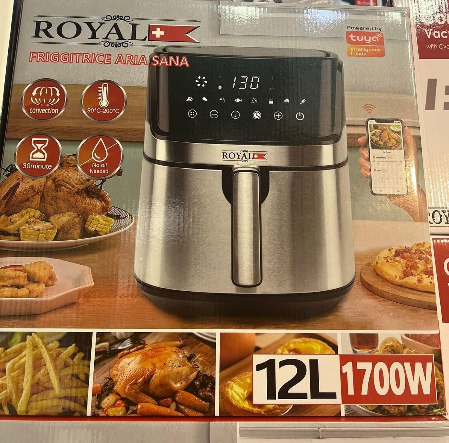 Friggitrice ad Aria Rotante 12L Touch Screen Smart Tuya 1700W, Programmi Automatici, Timer, Senza Olio, Silenziosa, Nera e Grigia – Perfetta per Famiglie e Feste