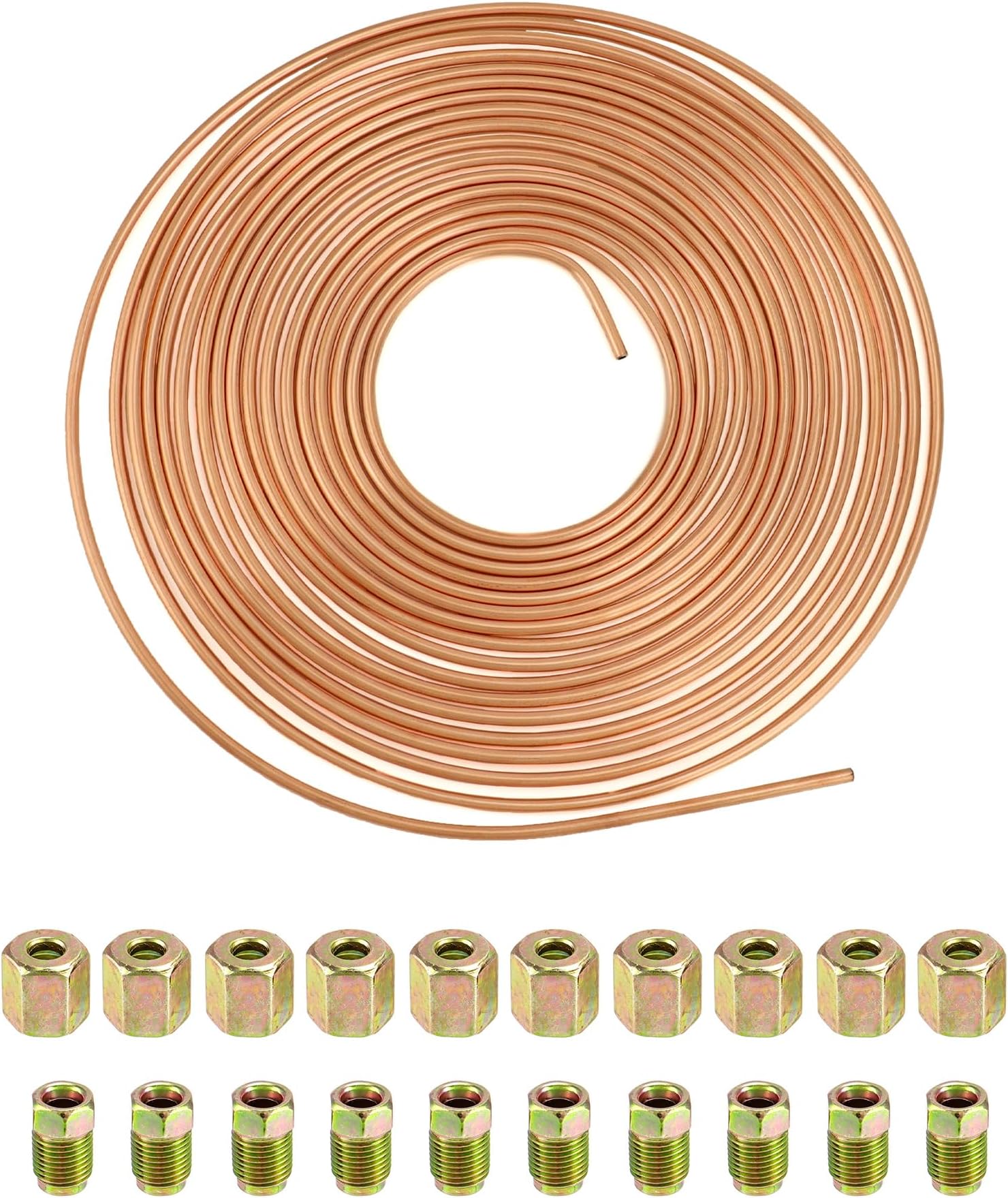 QWORK® 3/16" x 32.8ft/10m Copper Plated Brake Pipe, OD 4.76mm, ID 3.3mm with 20 Nuts