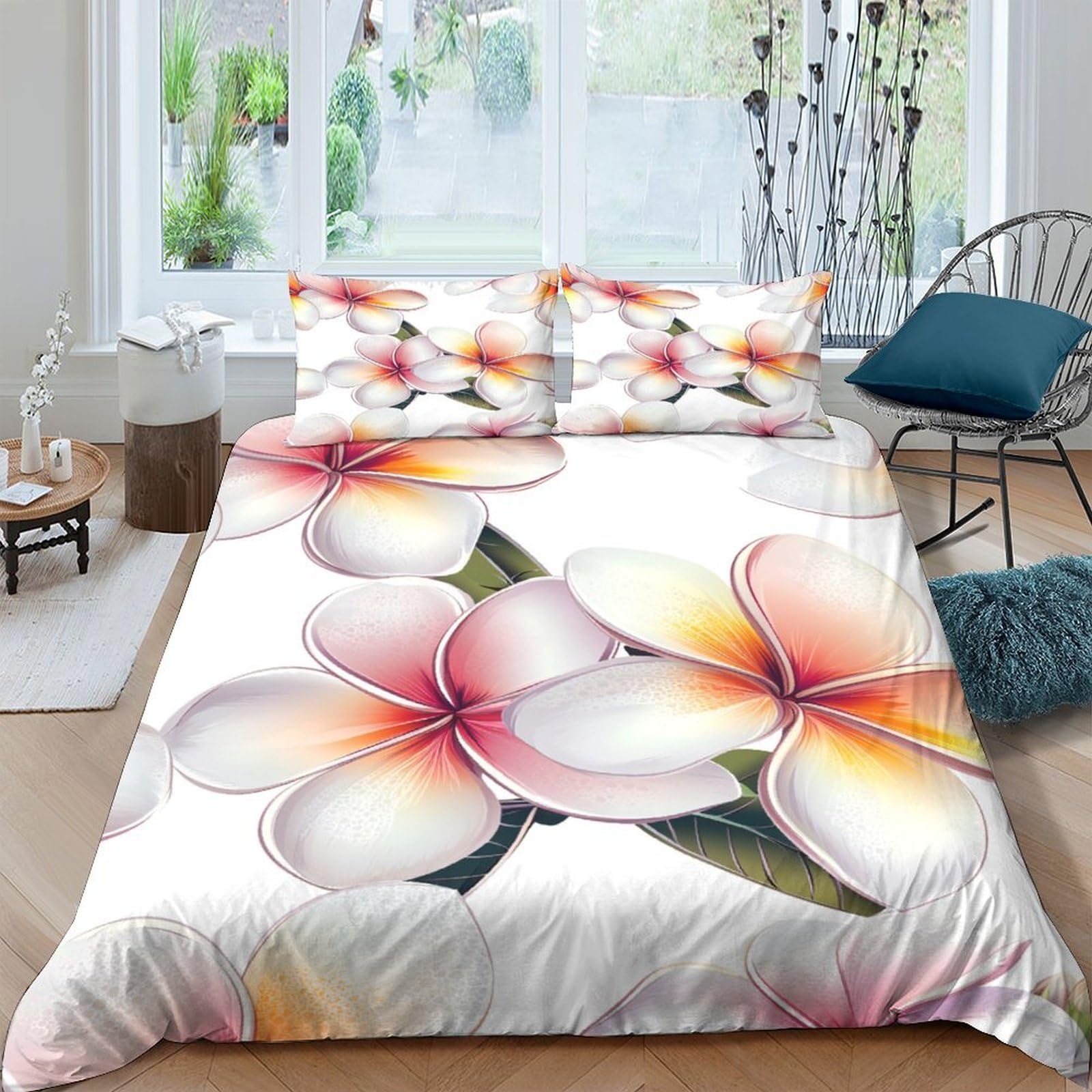Ctjqhvkz Style-1 3D Printed Plumeria Blossom Fitted Sheet Microfiber Soft Floral Bedroom Decor Frangipani Bed Cover For Mattress Protection Single（135X200cm）