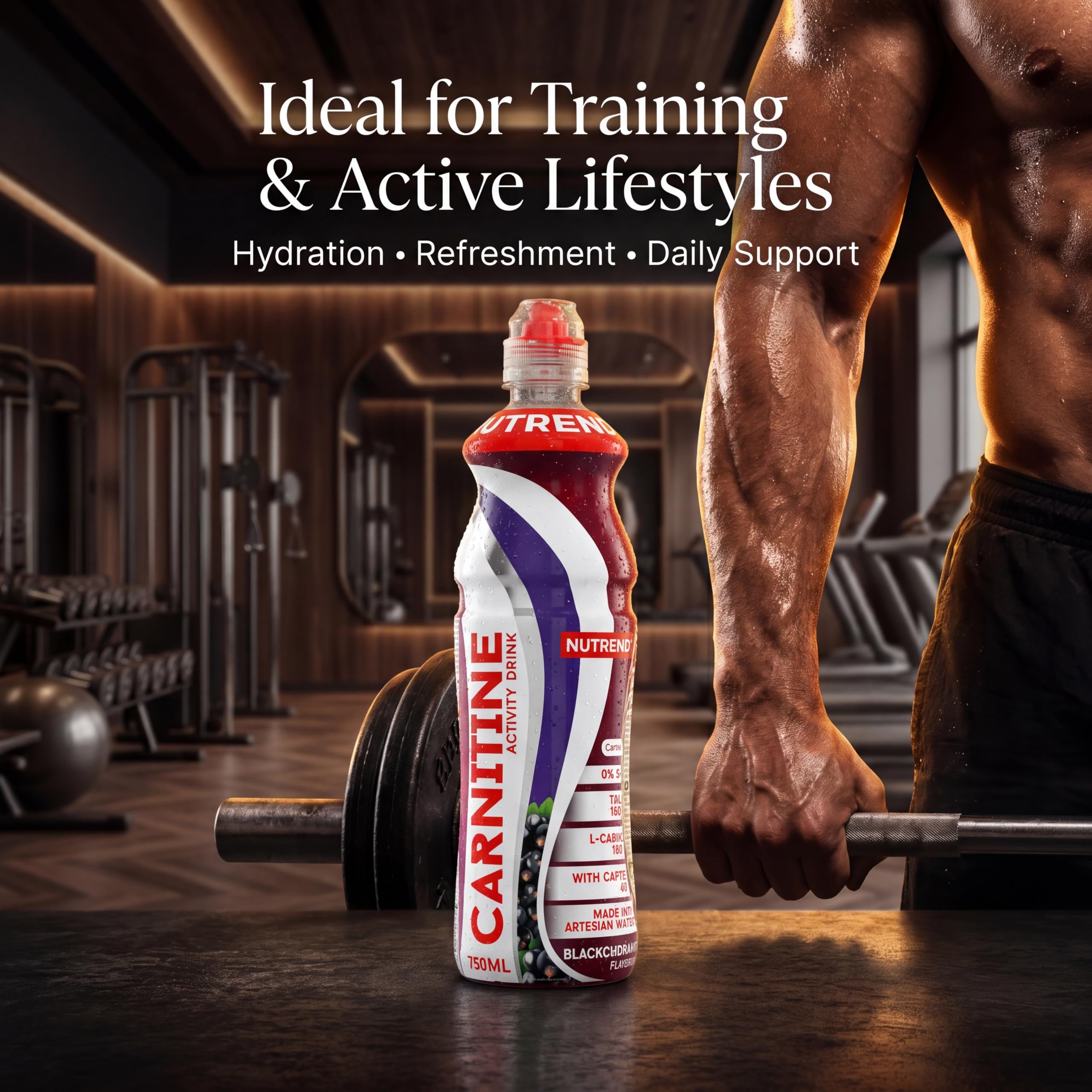 Boisson Nutrend Carnitine Saveur Cassis 750 ml Lot de 8 – Boisson Fitness Prête à Boire à la L-Carnitine pour Énergie, Hydratation et Mode de Vie Actif