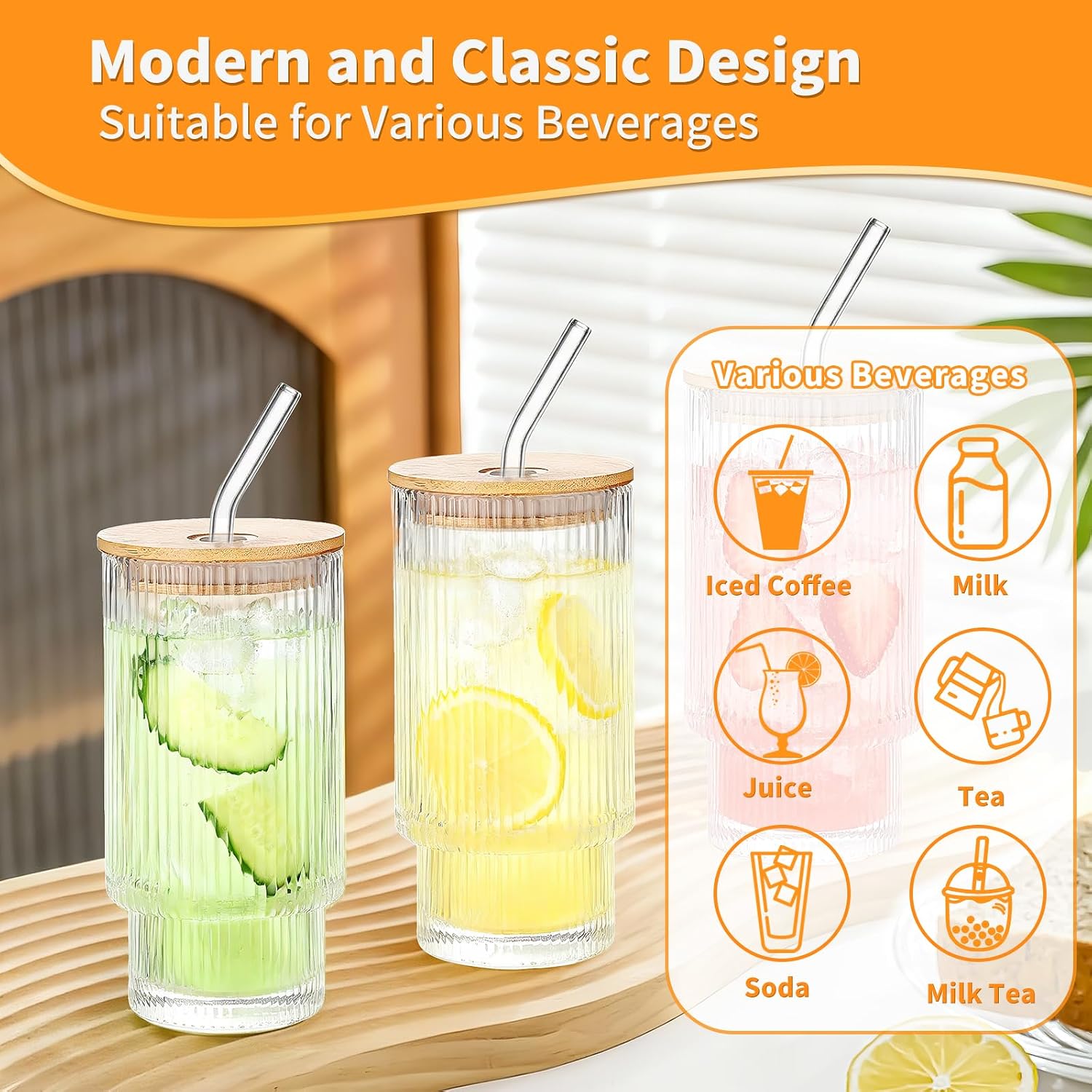 16oz Glass Cups with Lids and Straws, Ribbed Glass Tumbler for Iced Coffee, Reusable Coffee Cups with Bamboo Lids & Glass Straws, Stackable Drinking Glasses for Home, Office and Cafe (16OZ-6PACK) image 4