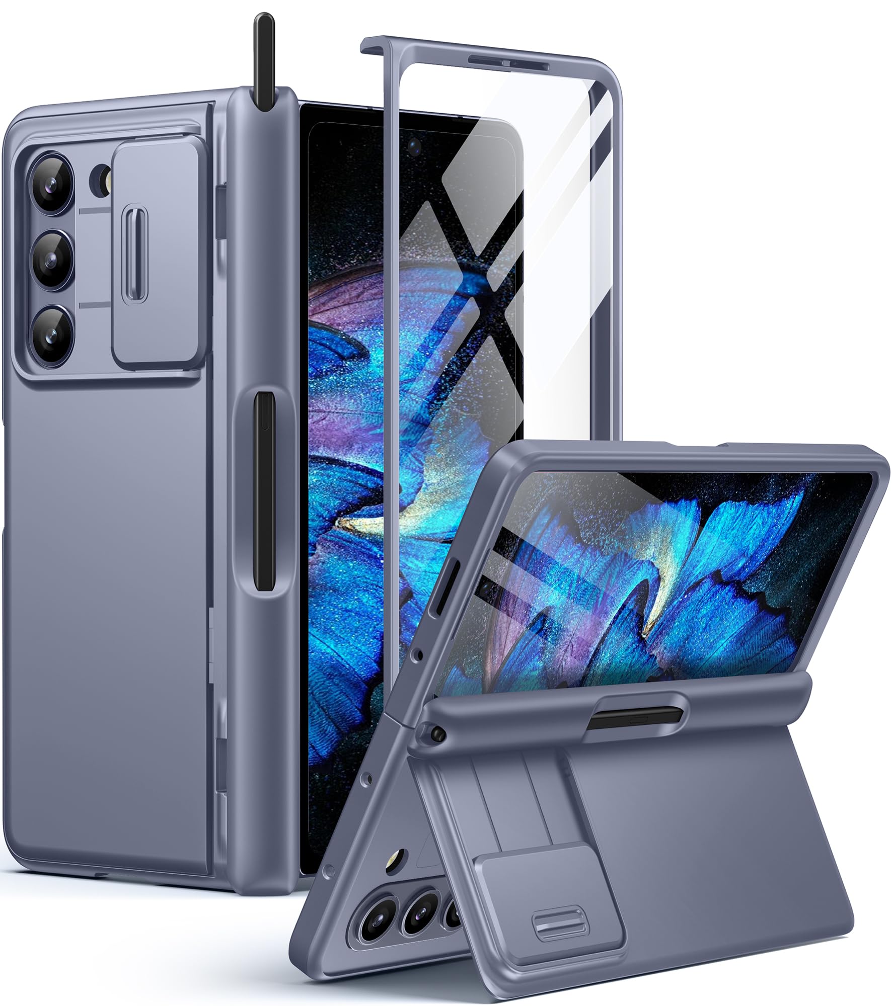 BERFY for Samsung Galaxy Z Fold 5 Case with S Pen Holder, [Built-in Screen Protector & Kickstand & Slide Camera Cover] Full Body Heavy Duty Shockproof
