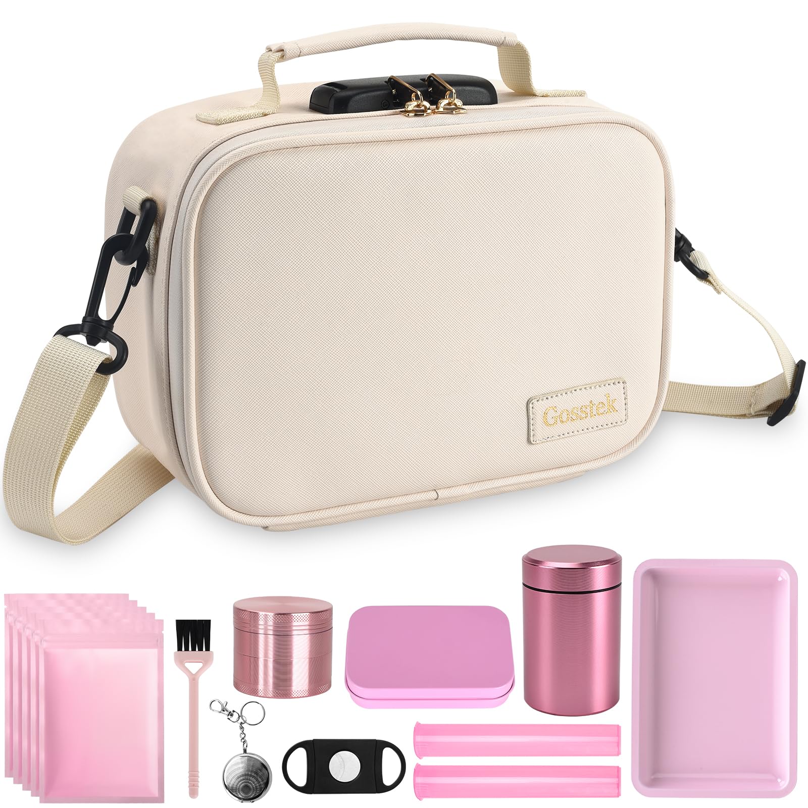 PU Leather Storage Bag with 10 PCS Accessories, Portable Organizer Box Case with Lock and Great Gift for Women, Childproof Storage Container Box 9 X 6 X 4 Inches (Beige)