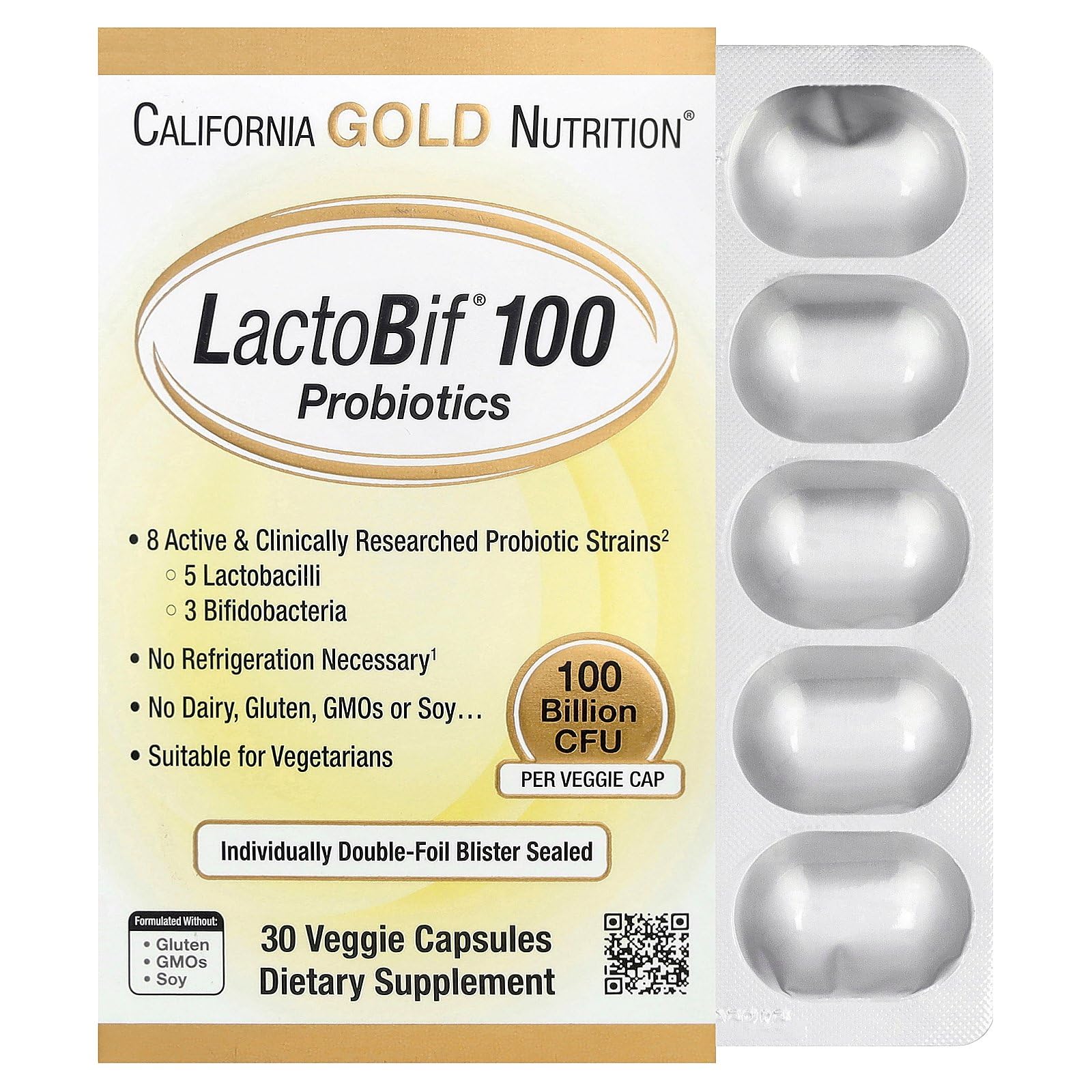 California Gold NutritionLactoBif Probiotics, 100 Bllion CFU, 8 Active & Clinically Researched Probiotic Strains, Sugar-Free, Vegetarian, Individually Double-foil Blister Sealed, 30 Veggie Capsules