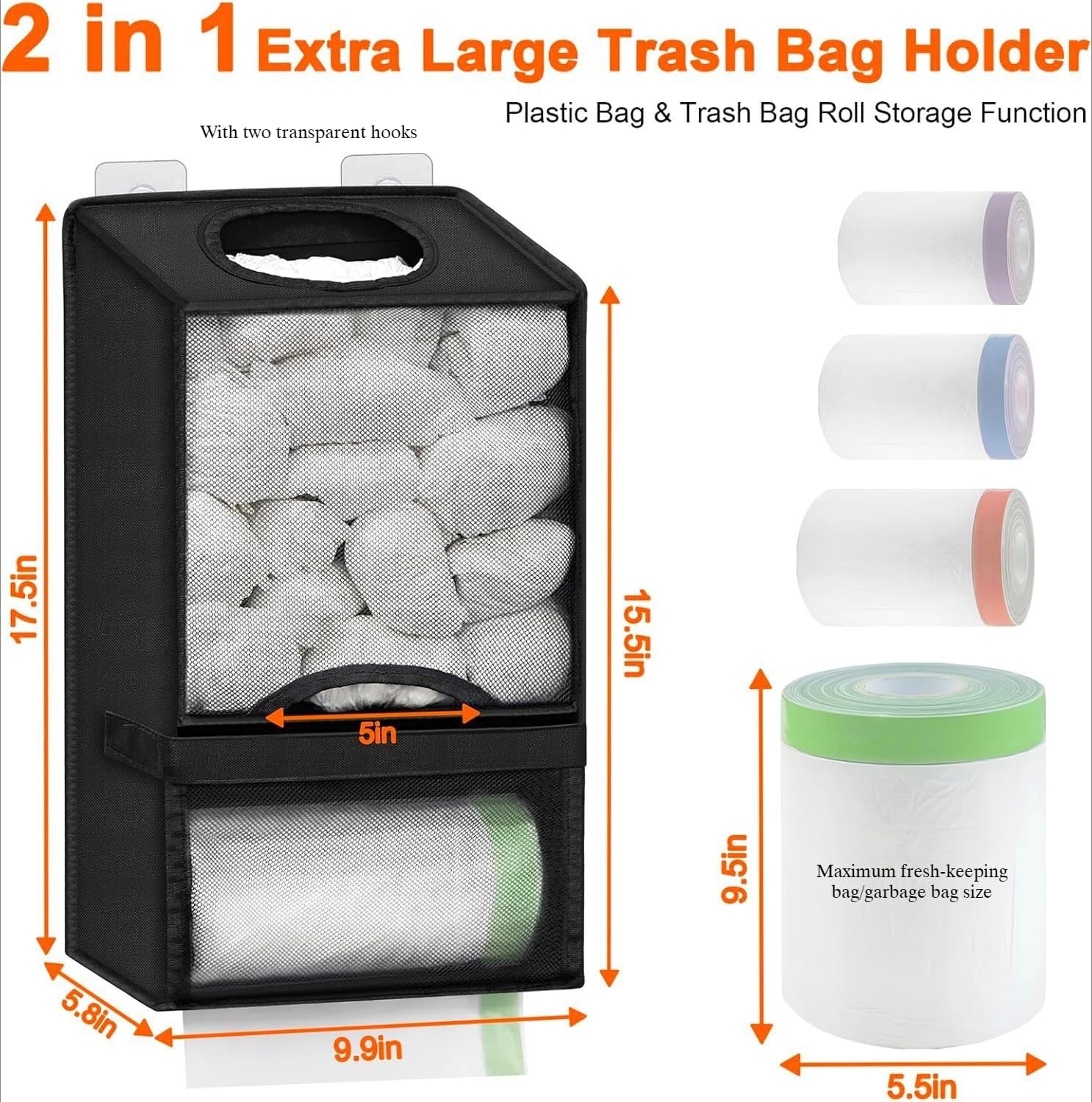 Organizador de bolsas de malla extragrande 2 en 1, dispensador de bolsas de basura, organizador de almacenamiento colgante sin taladrar para bolsas de plástico, soporte para bolsas de comestibles con