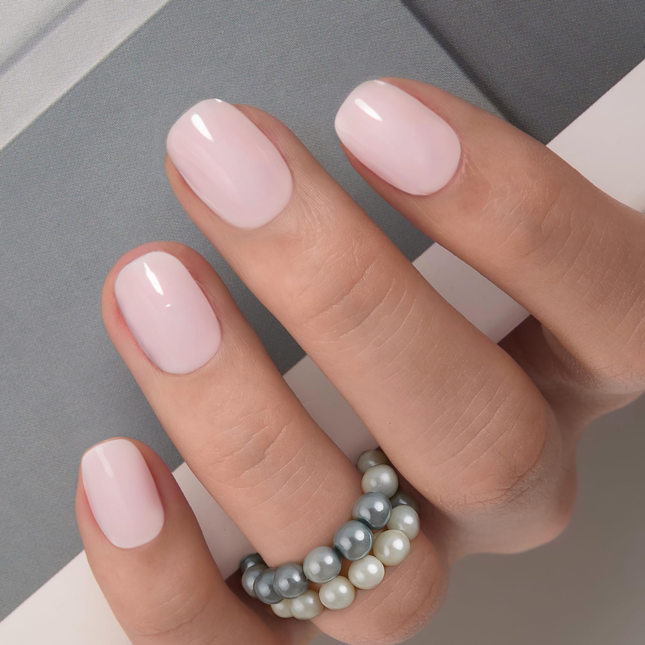 Photo 1 of Curvlife Press on Nails Milky White Short Square Acrylic Fake Nails with Apricot Design Full Cover Glossy Nude Glue on Nails Artificial for Women 30Pcs
