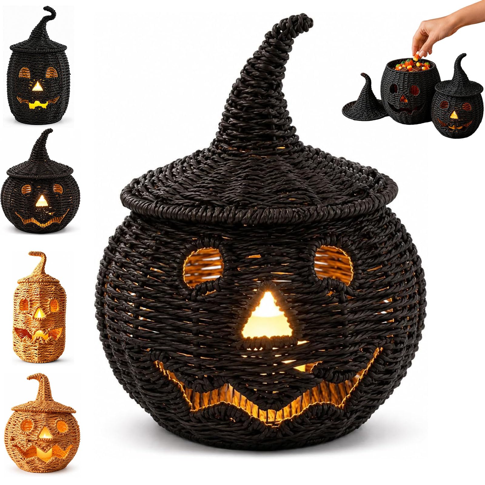 Linterna de calabaza de mimbre para Halloween, decoración tejida a mano, l