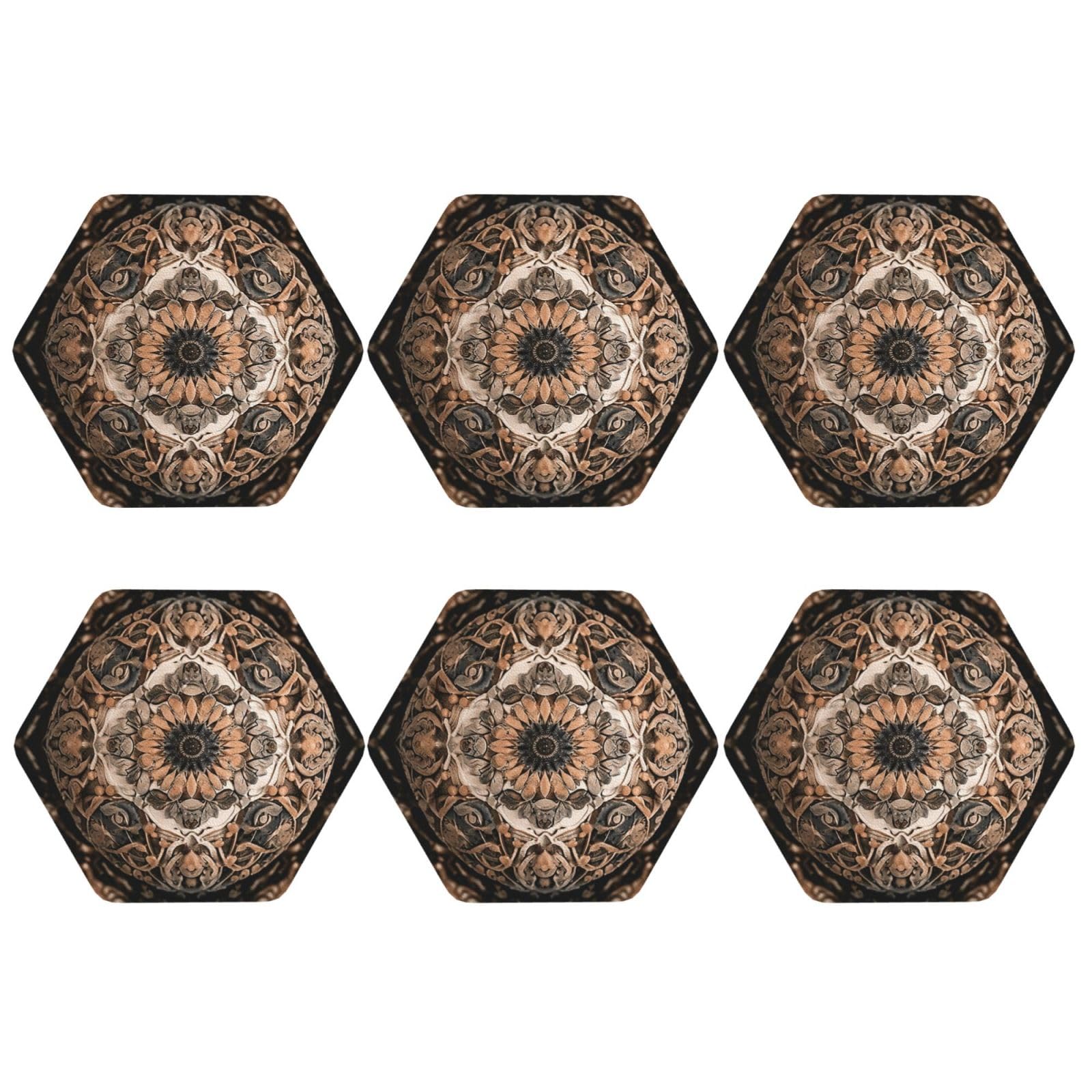 6pcs Leather Coasters for Drinks, Old Ornament Drink Coasters for Tabletop Protection, 4" Cup Coasters for Coffee Table Decor, Non-Slip Drinking Cup Mat for Hot Or Cold Drink