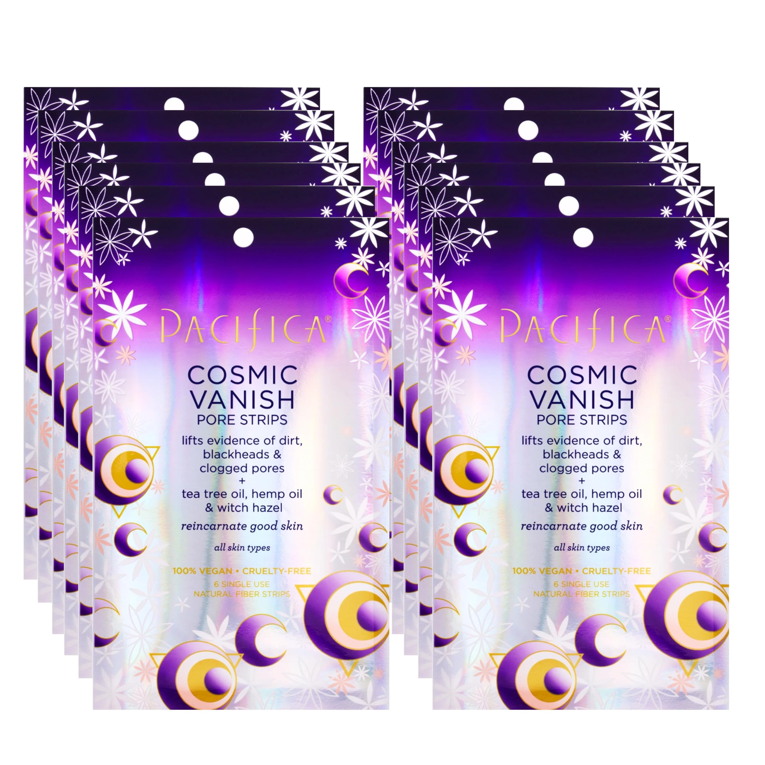 Pacifica - Blackhead Remover Pore Strips - 12-PACK Cosmic Vanish - for Nose, Chin & Forehead - Deep Cleansing Nose Strips w/Instant Pore Unclogging - Oil-Free Vegan Dermatologist Tested