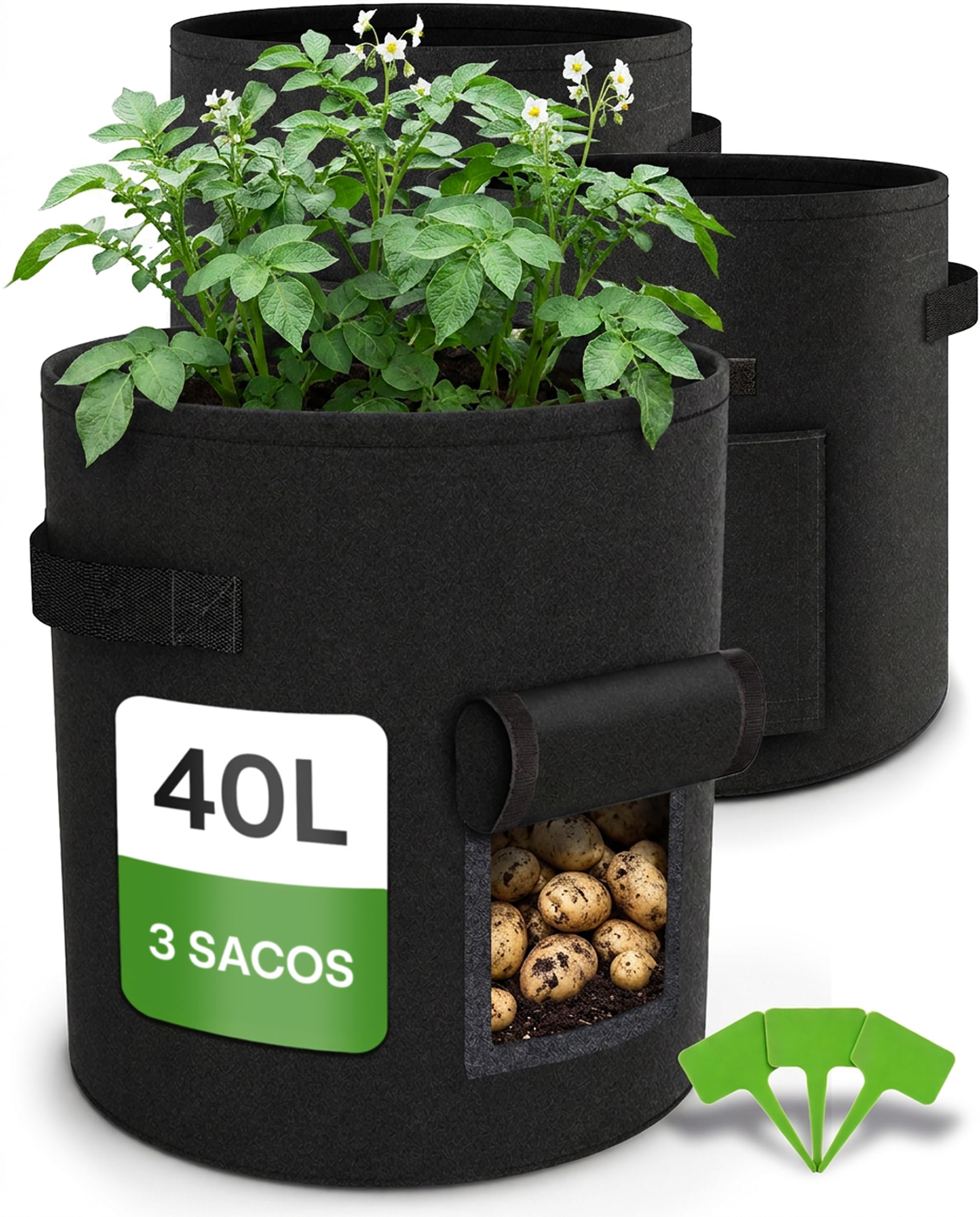 Praknu Bolsa de Cultivo para Plantas 40L - 3 Bolsas para Plantar Patatas y Vegetales - Resistente a la Lluvia - con Ventana de y Etiquetas de Plantas - Lavables y Plegables
