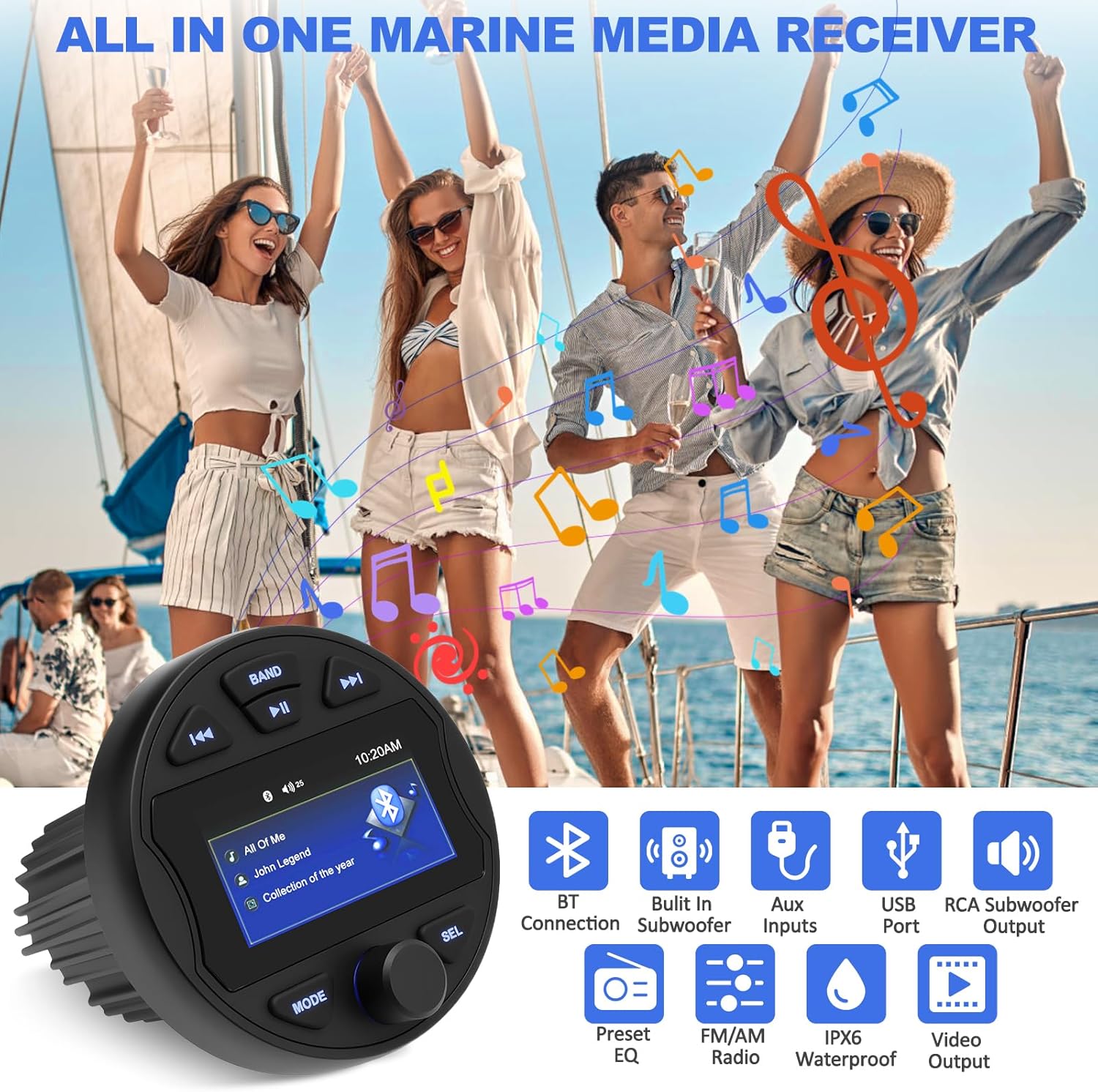 Boat Radio Marine Stereo Receiver,Waterproof Digital Multimedia MP5 Player, 3" LCD Display, Wireless Connection,No CD Player,AM/FM Tuner,AUX USB Preset EQ Subwoofer, for Car,Boat, ATV, Motorcycle, RV