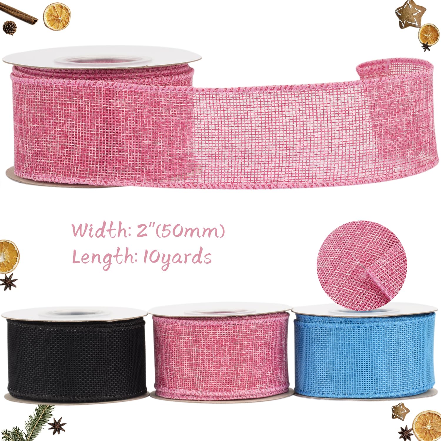 Tekdeere Burlap Ribbon 50mm x 9 Meters, Pink Wired Ribbon for Crafts, Gift Wrapping, Wreaths, Bows, Tree Decoration and Outdoor Decoration - Image 2