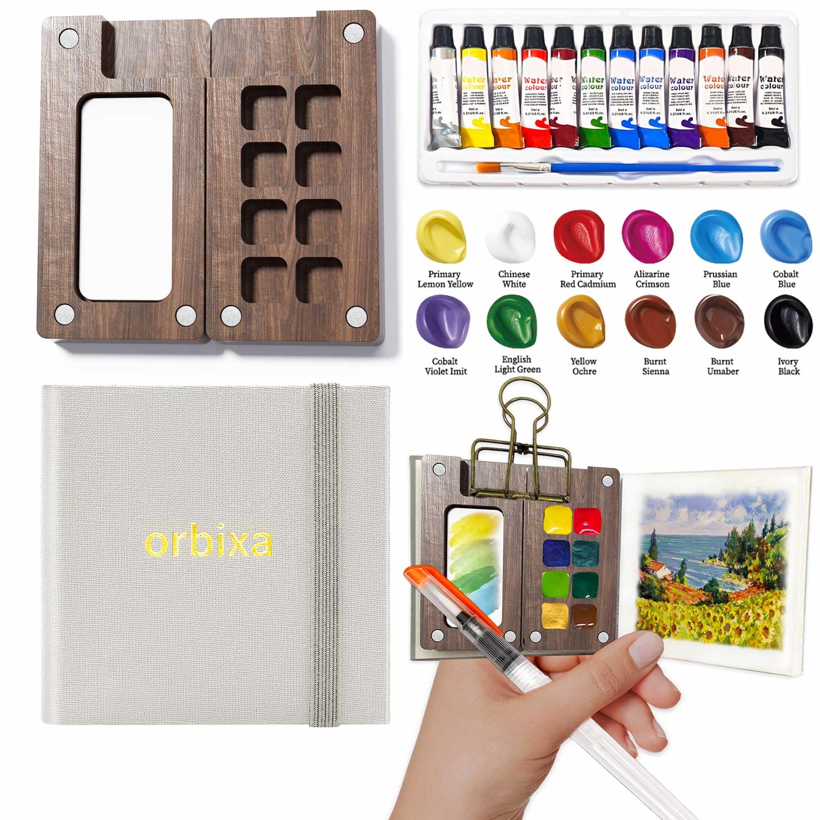 Mini zestaw farb akwarelowych, mini paleta, mini zestaw artystyczny, pastelowe akwarele, 12 kolorów, akwarelowa podkładka papierowa, szkicownik akwarelowy, pędzle akwarelowe z flipchart dla artystów i