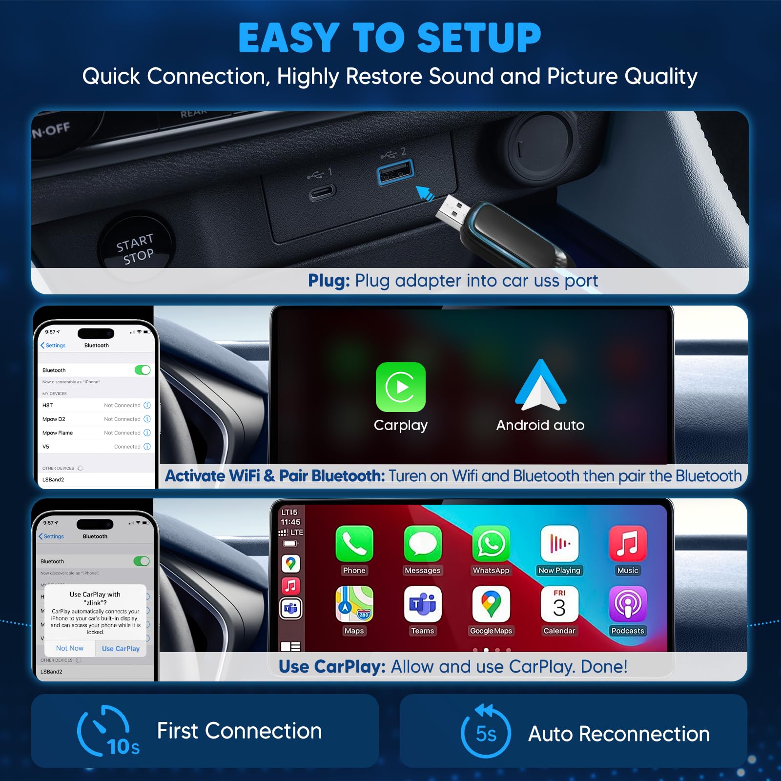 Adattatore CarPlay Wireless Per Auto | Plug & Play, Supporta IPhone E Android | WiFi 5.0GHz - Foto 13