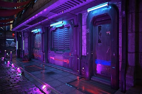 Miniatura 5 de Telón de fondo de ciudad Cyberpunk de 7 x 5 pies, estilo futurista, estilo grunge, urbano, neón, puerta de calle, paisaje urbano, fondo de