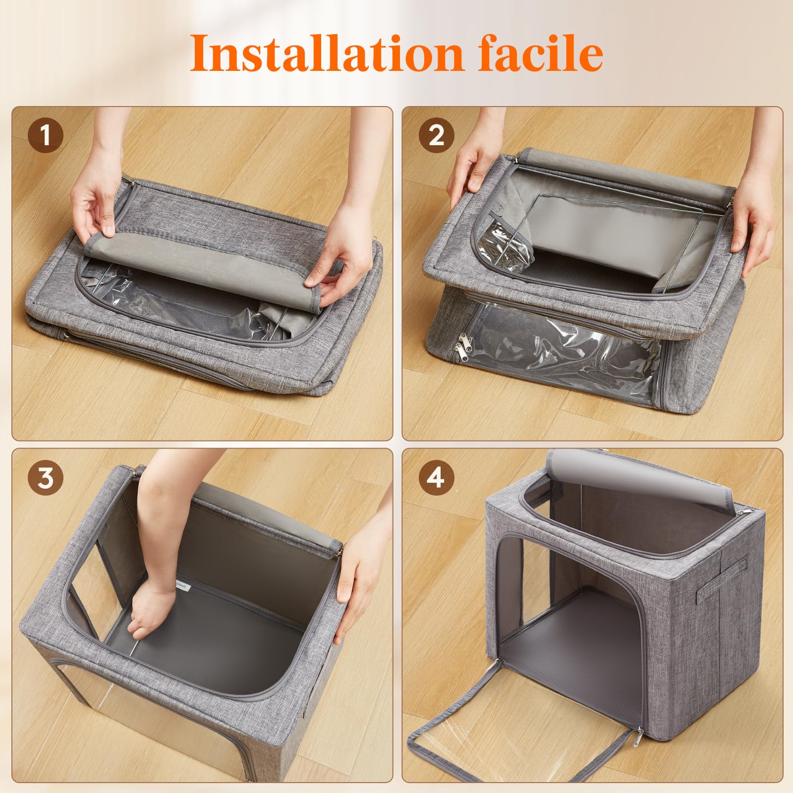 Lifewit Sac de Rangement Robuste avec Cadre en Métal, Boite Rangement Vetement Pliable, Organisateur Placard, Housse Rangement, Caisse avec Couvercle pour Couvertures, Gris Clair, 40 L, Lot de 3